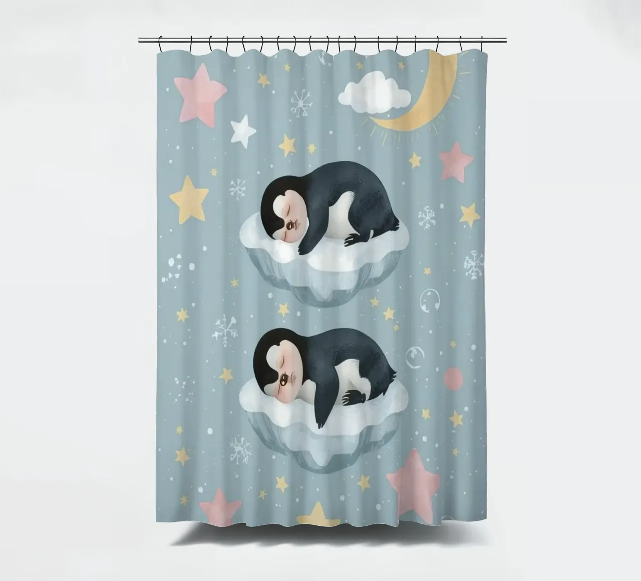 Due simpatici pinguini addormentati con elementi celestiali tenda da doccia da DesignDoodle