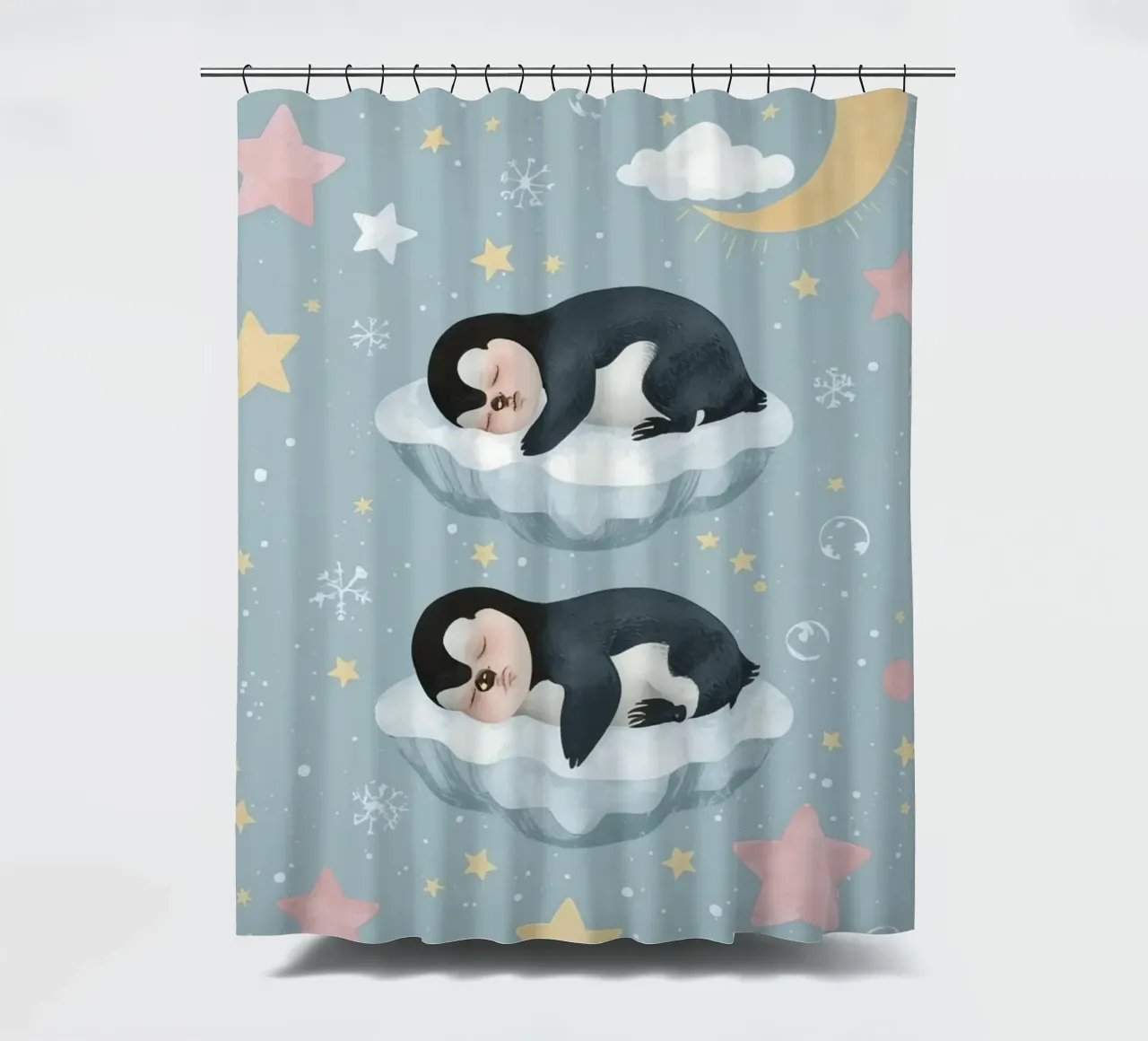 Due simpatici pinguini addormentati con elementi celestiali tenda da doccia da DesignDoodle