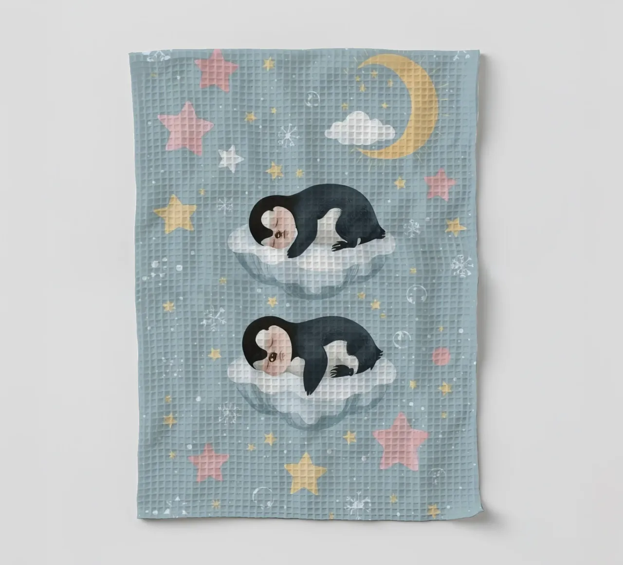 Due simpatici pinguini addormentati con elementi celestiali canovaccio da cucina da DesignDoodle