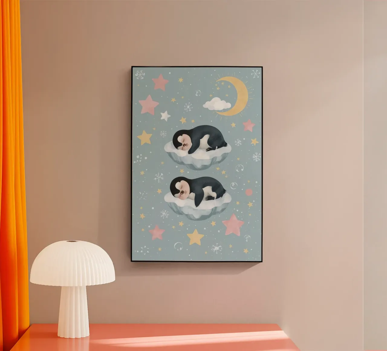 Twee schattige slapende pinguïns met hemelse elementen acryl van DesignDoodle
