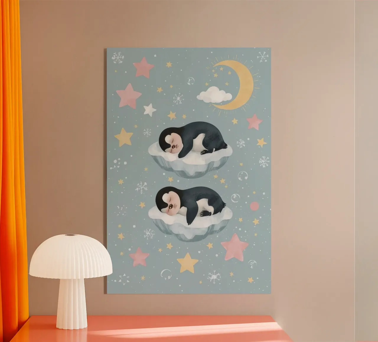 Twee schattige slapende pinguïns met hemelse elementen acryl van DesignDoodle