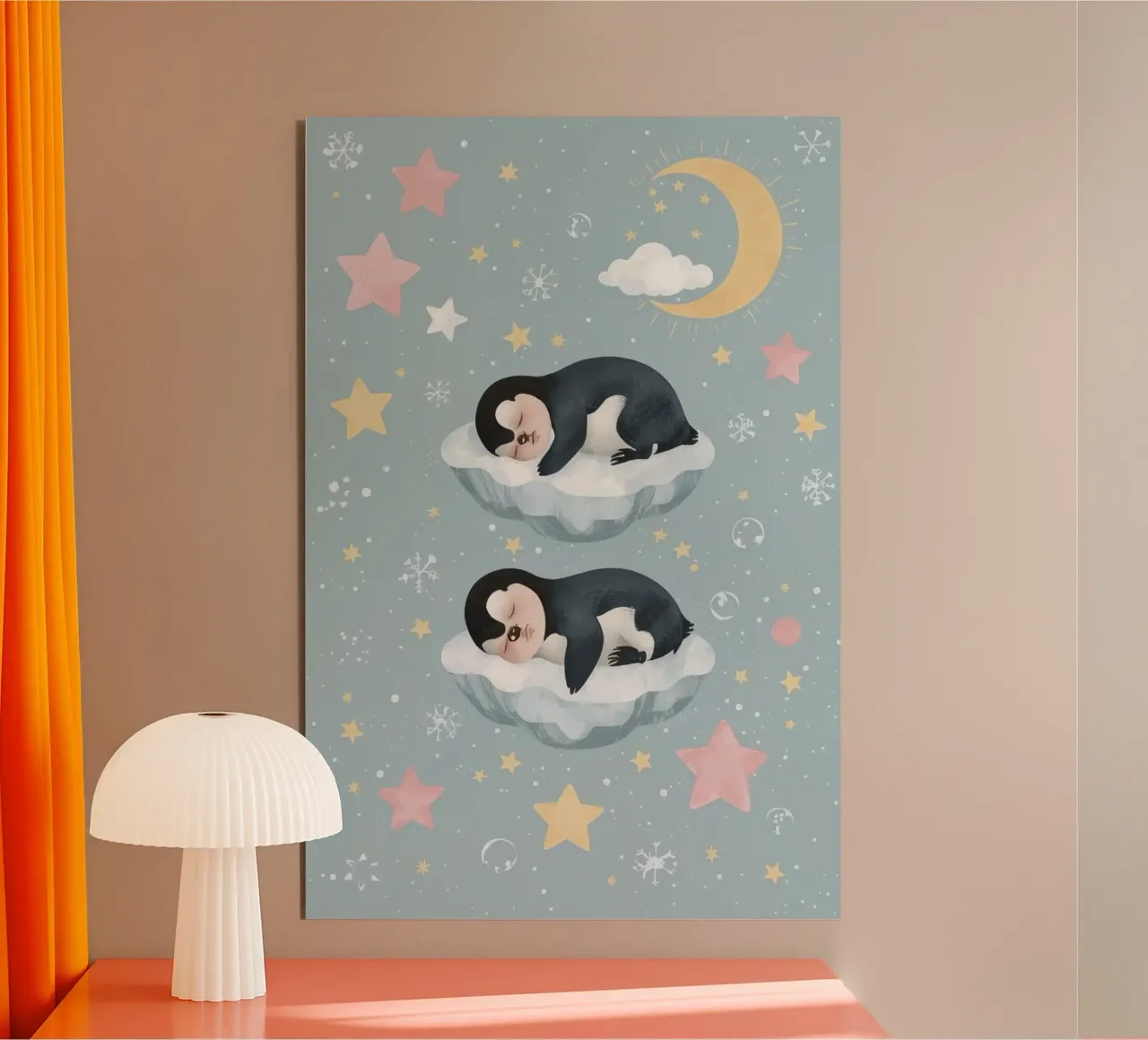 Due simpatici pinguini addormentati con elementi celestiali pannello forex da DesignDoodle