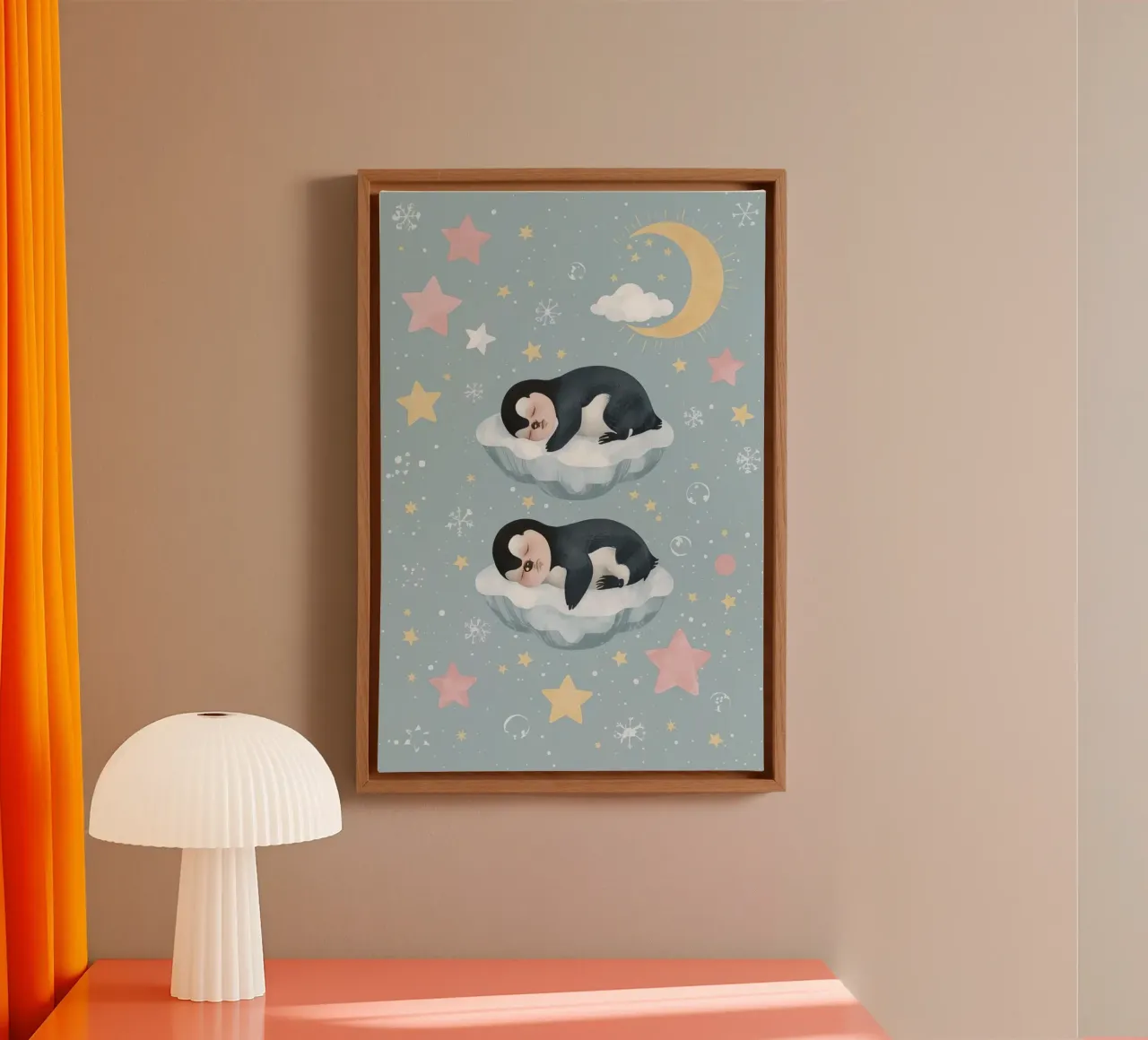 Due simpatici pinguini addormentati con elementi celestiali tela da DesignDoodle