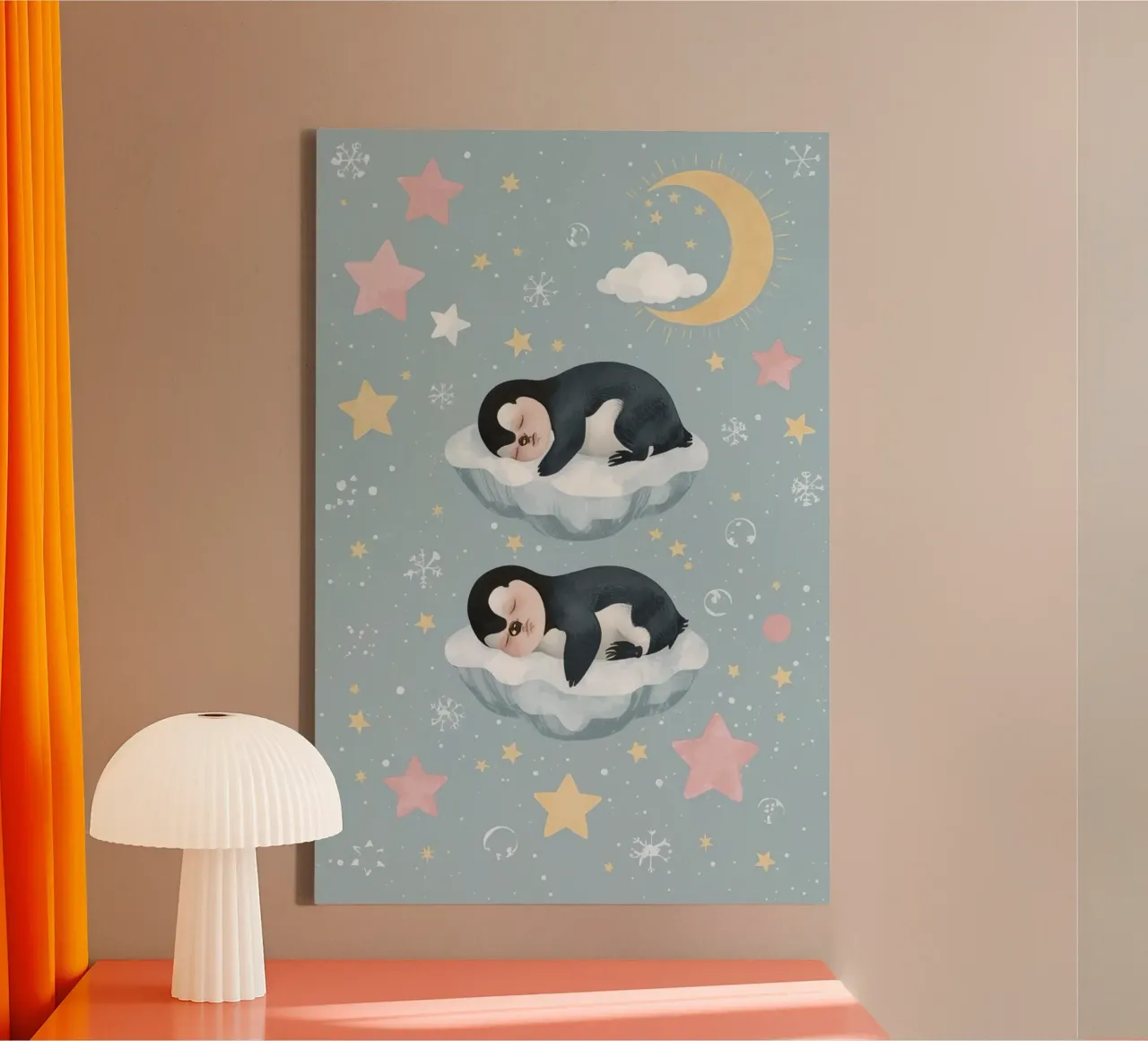 Two Cute Sleeping Penguins with Celestial Elements canvas by DesignDoodle