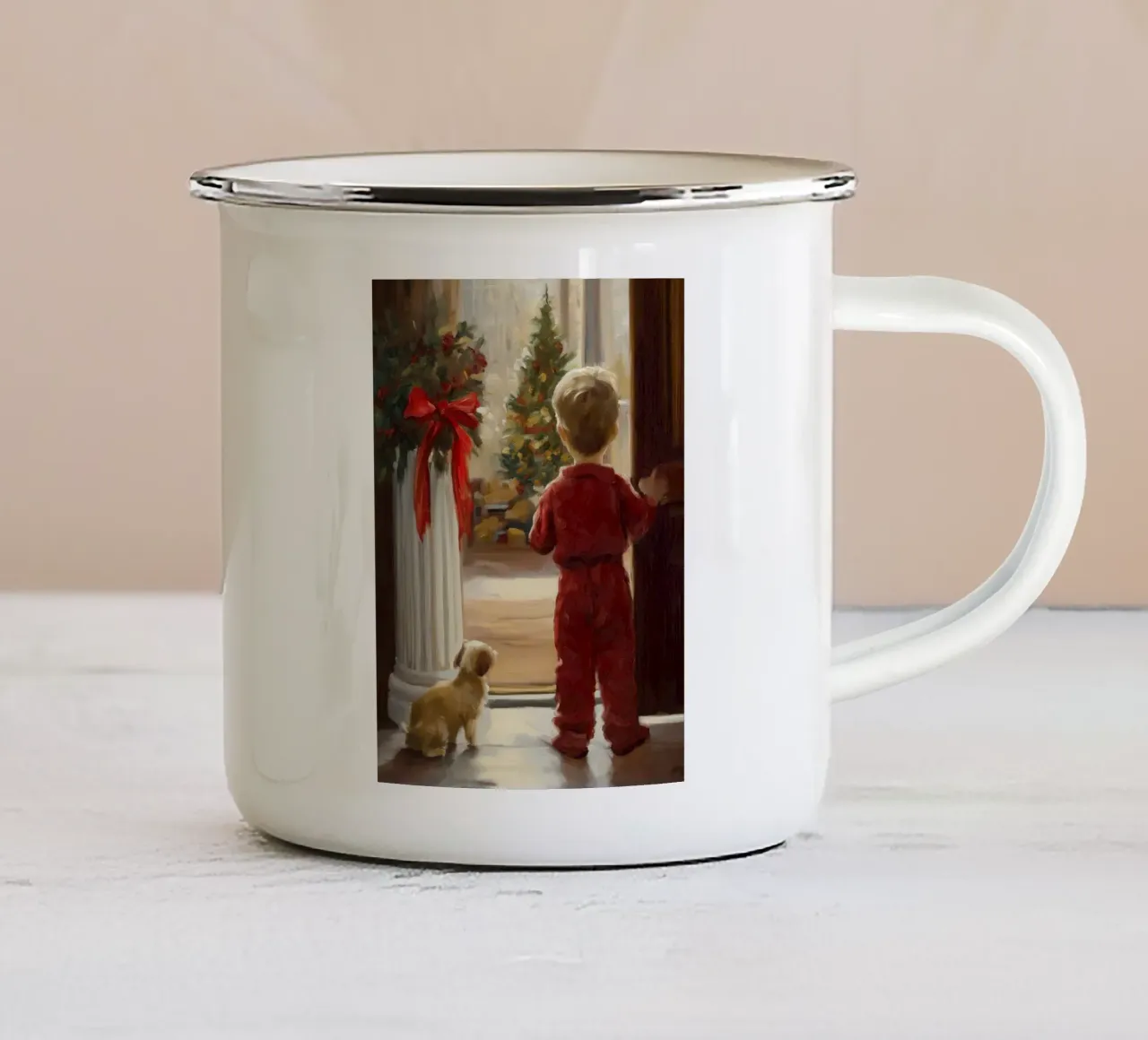 Bambino e cane di Natale tazza in smalto da Cozy Vibes
