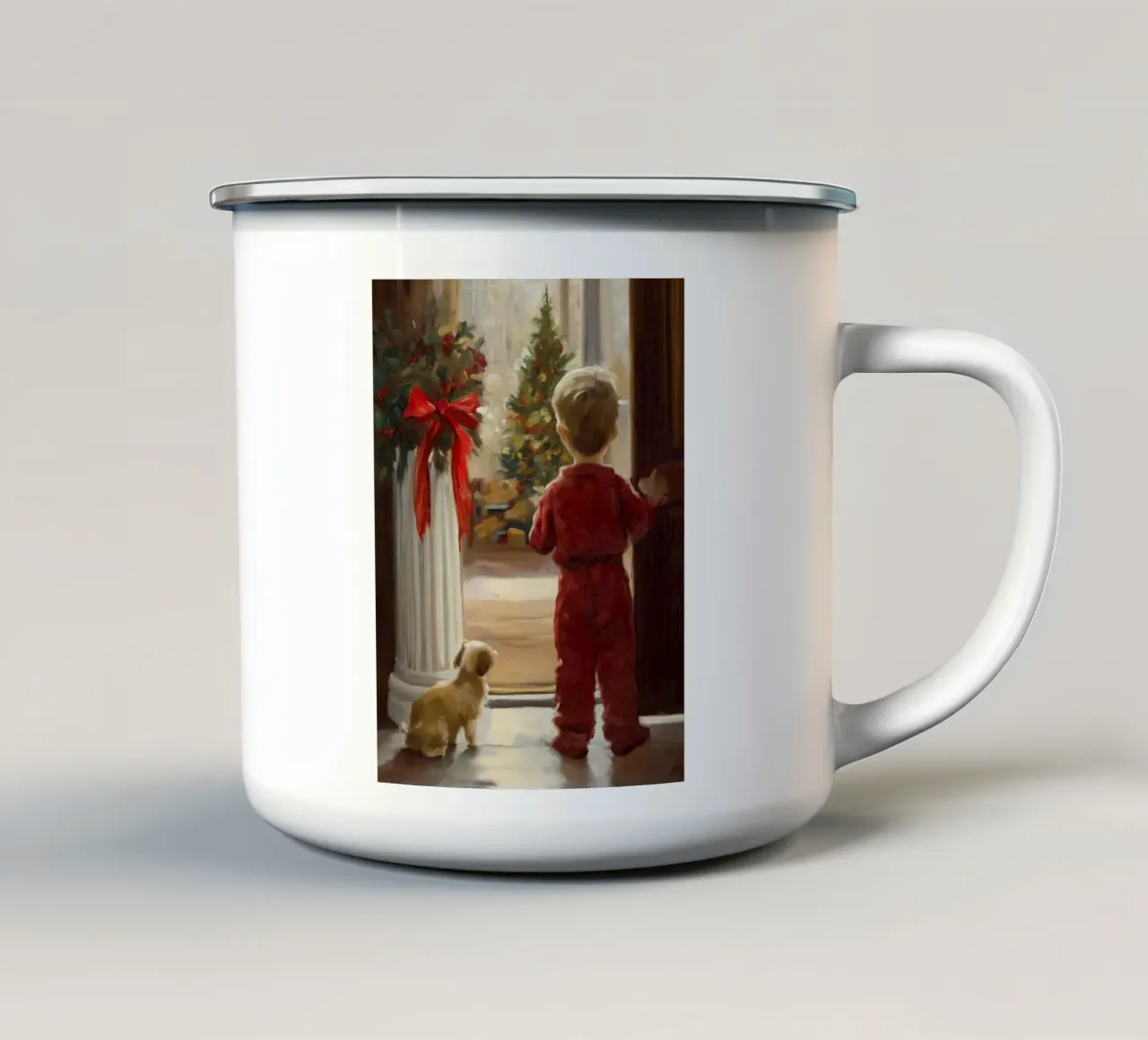 Bambino e cane di Natale tazza in smalto da Cozy Vibes