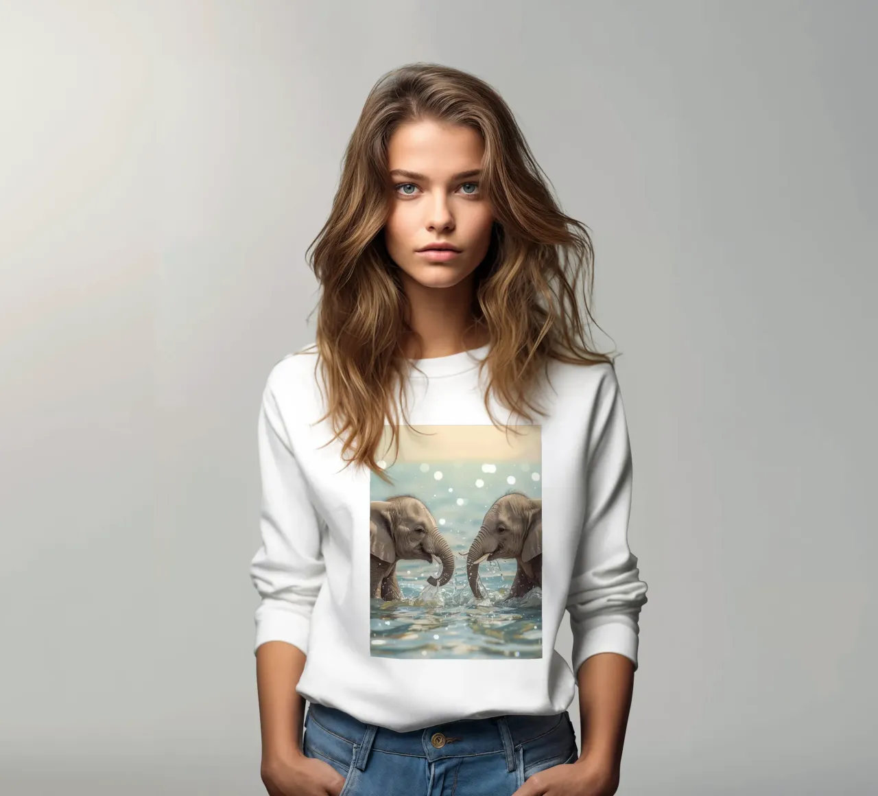 Dos jóvenes elefantes felices jugando en aguas poco profundas sudadera de DesignDoodle