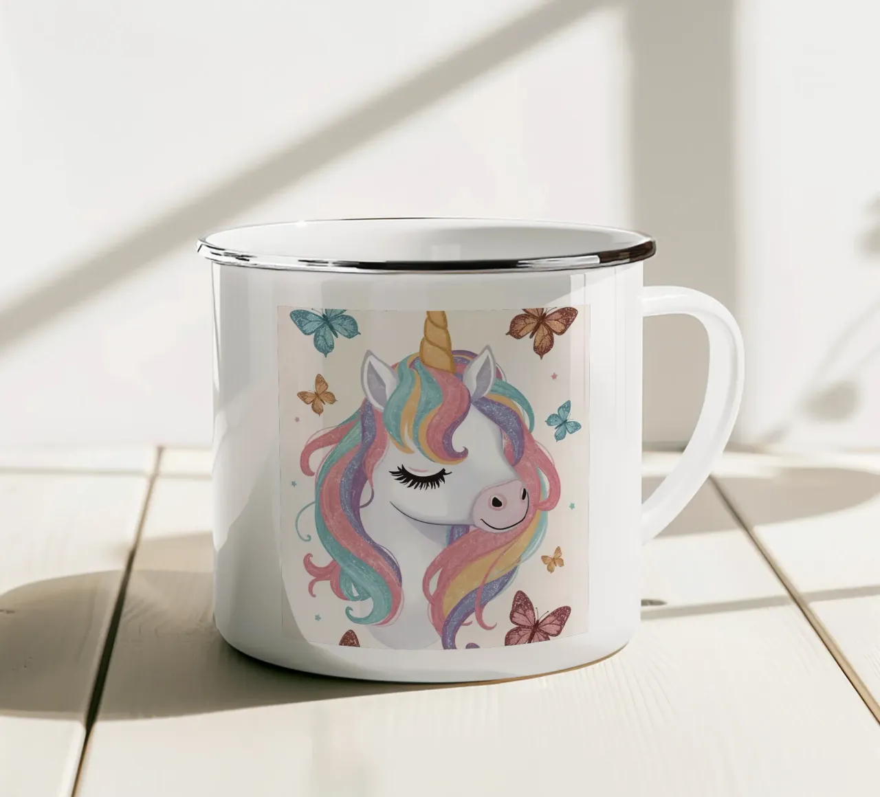 Unicorn with Rainbow Mane and Butterflies enamel mug by DesignDoodle