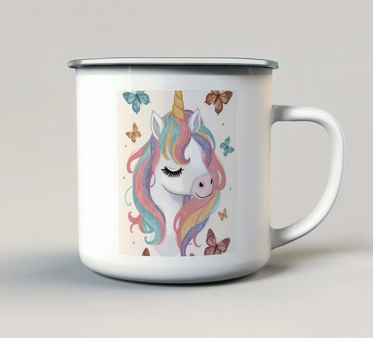 Unicorn with Rainbow Mane and Butterflies enamel mug by DesignDoodle