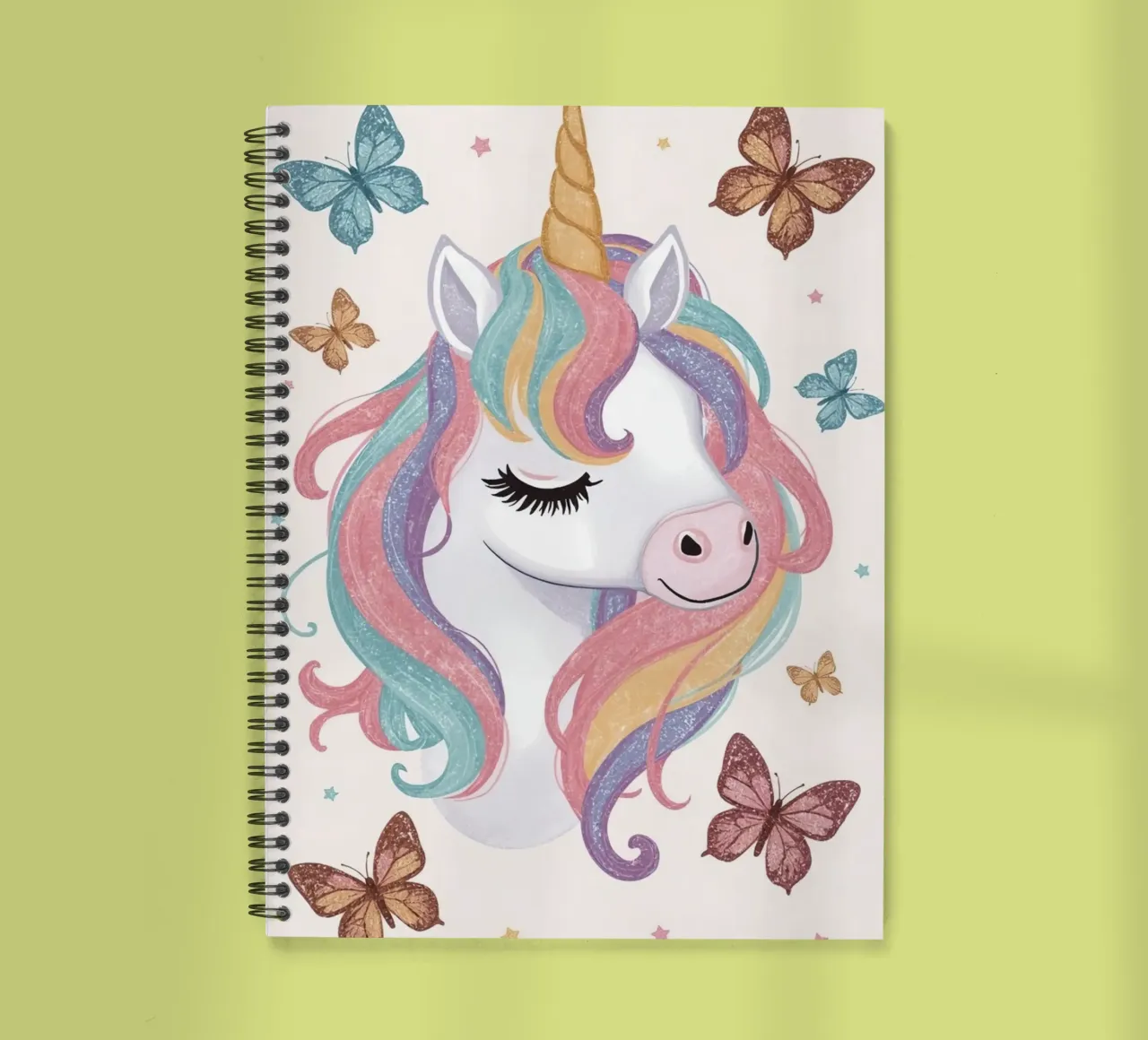 Unicorn with Rainbow Mane and Butterflies spiral notebook by DesignDoodle