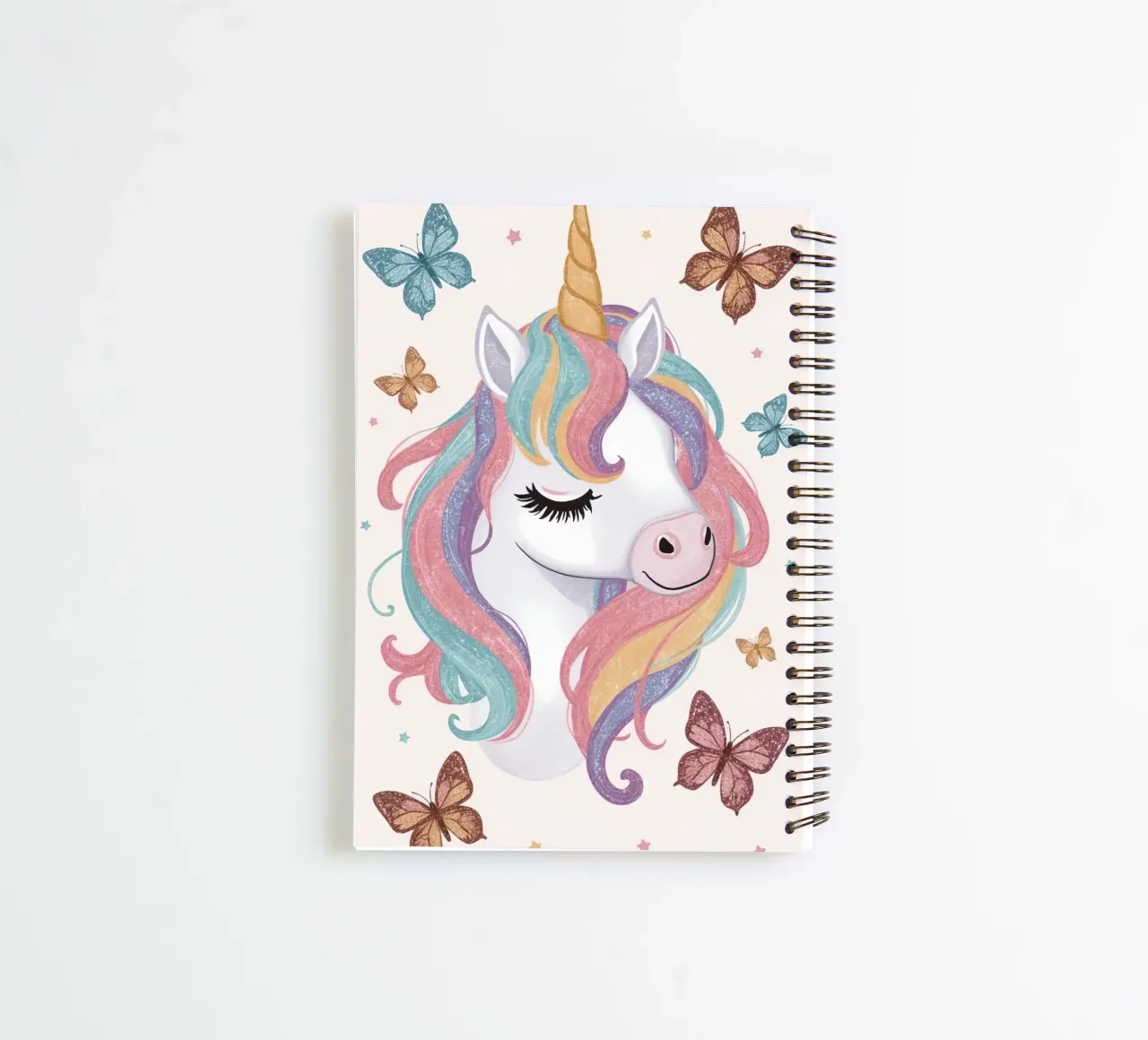 Unicorn with Rainbow Mane and Butterflies spiral notebook by DesignDoodle
