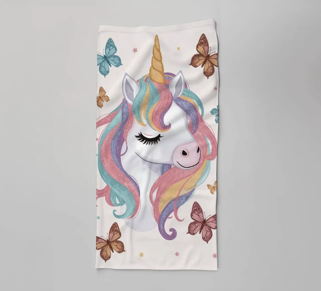 Unicorn with Rainbow Mane and Butterflies towel by DesignDoodle