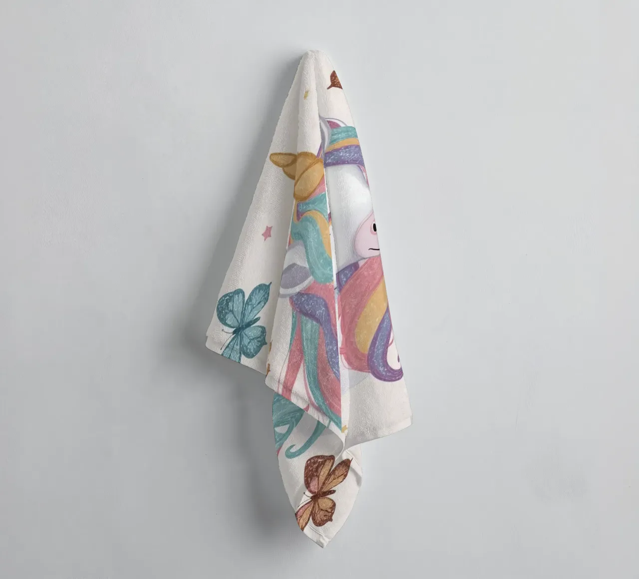 Unicorn with Rainbow Mane and Butterflies towel by DesignDoodle