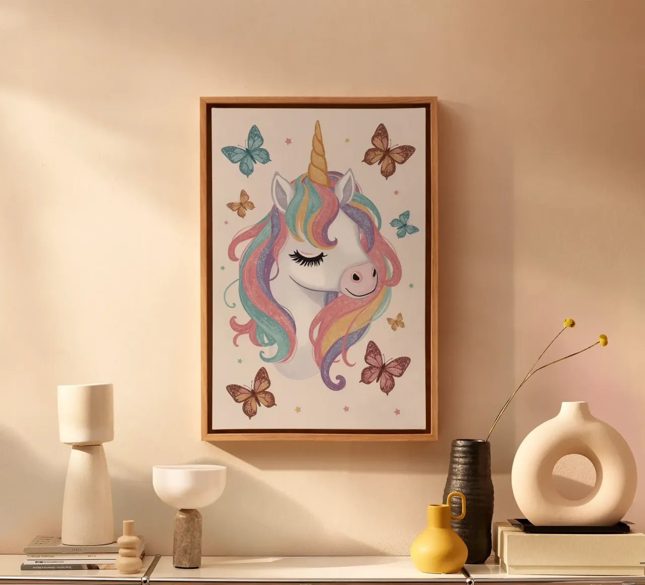 Unicorn with Rainbow Mane and Butterflies canvas by DesignDoodle