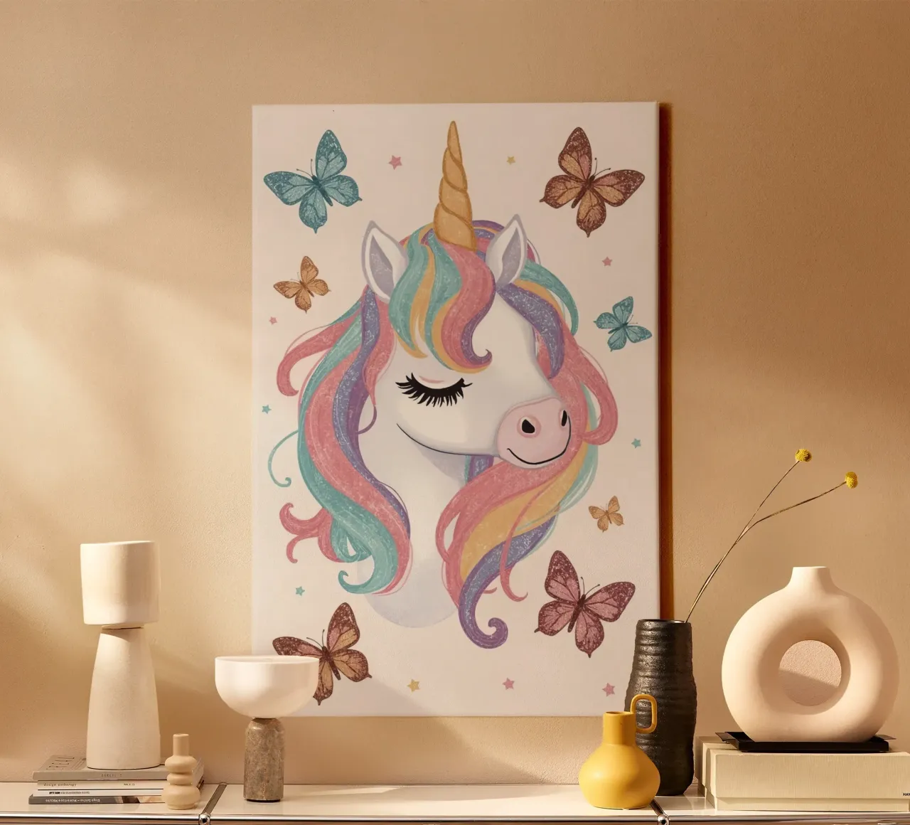 Unicorn with Rainbow Mane and Butterflies canvas by DesignDoodle