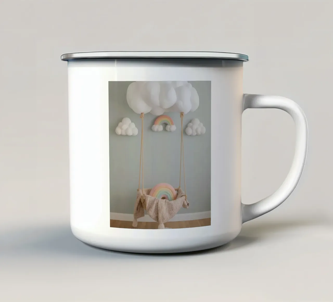 Appendiabiti da parete con nuvole, arcobaleno e altalena tazza in smalto da DesignDoodle