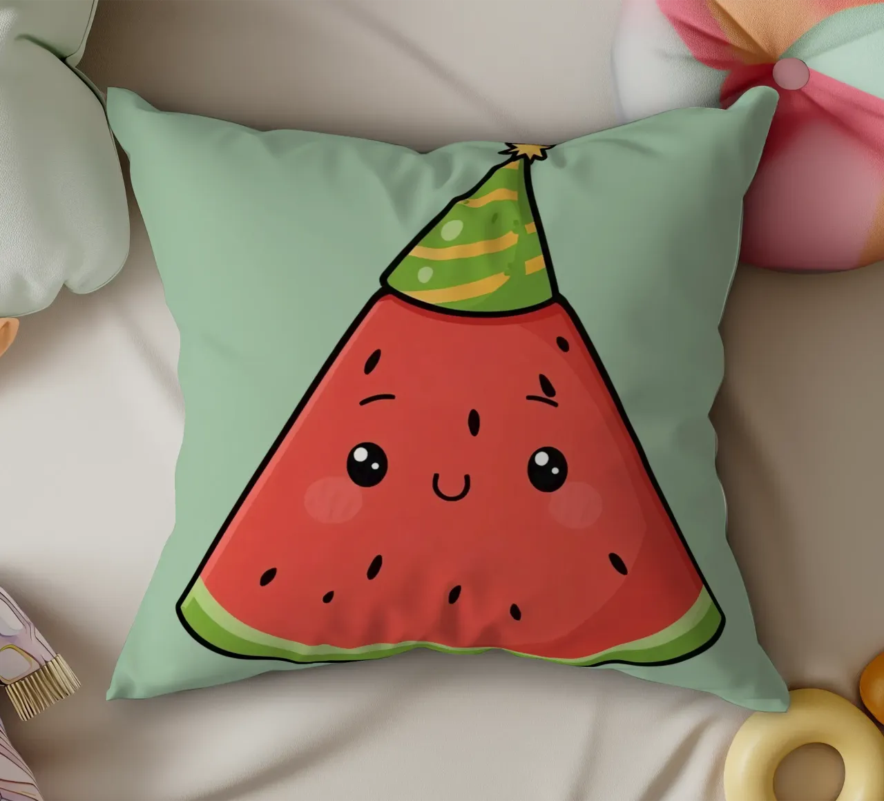 Fetta di cocomero felice con cappello da festa cuscino da DesignDoodle