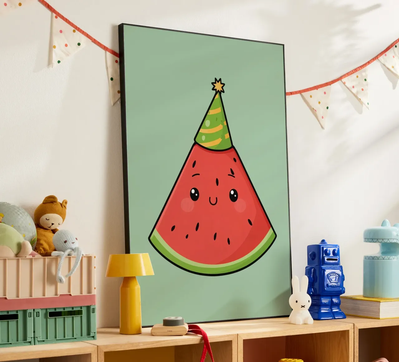 Fetta di cocomero felice con cappello da festa alluminio dibond da DesignDoodle