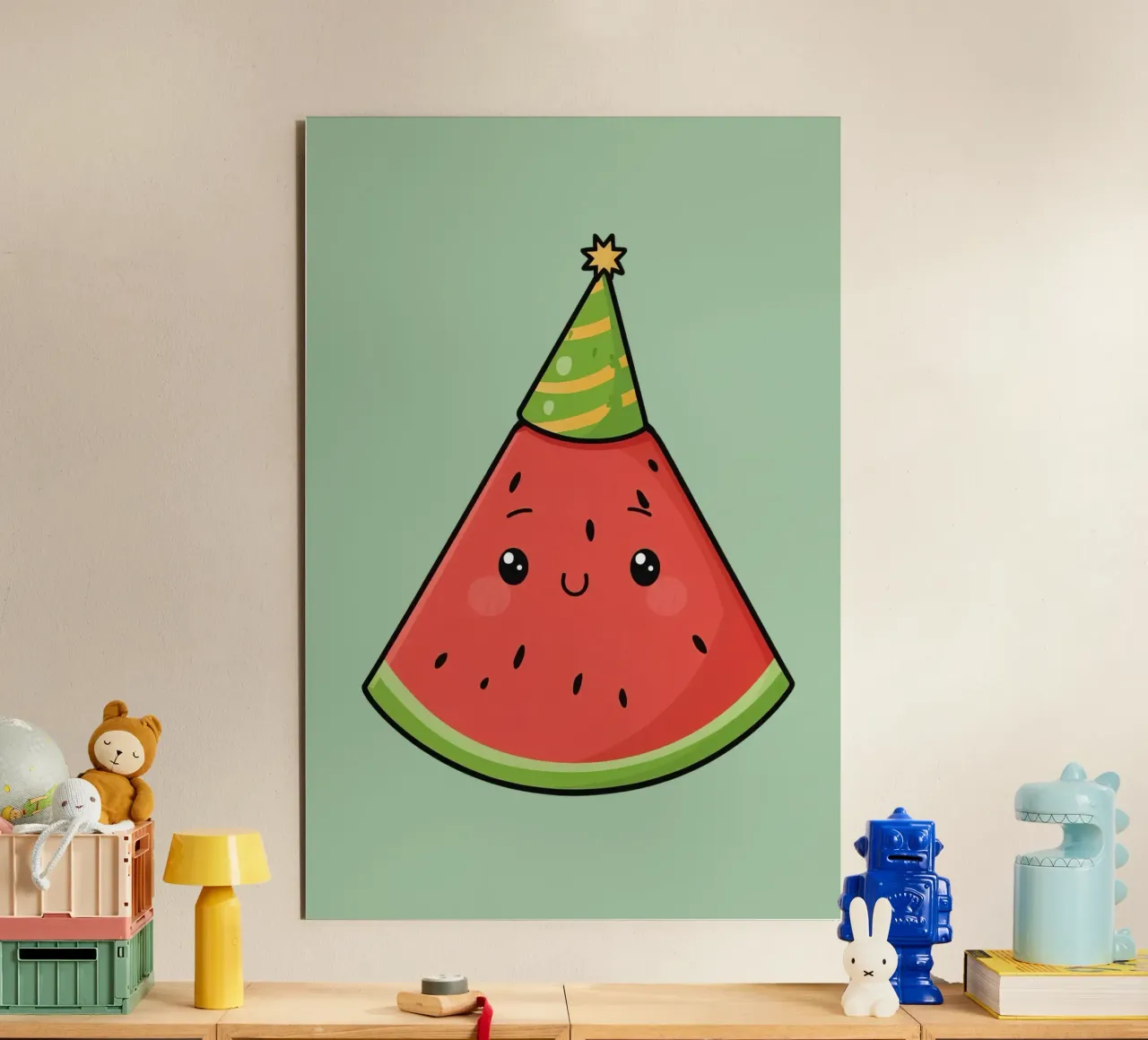 Fetta di cocomero felice con cappello da festa alluminio dibond da DesignDoodle