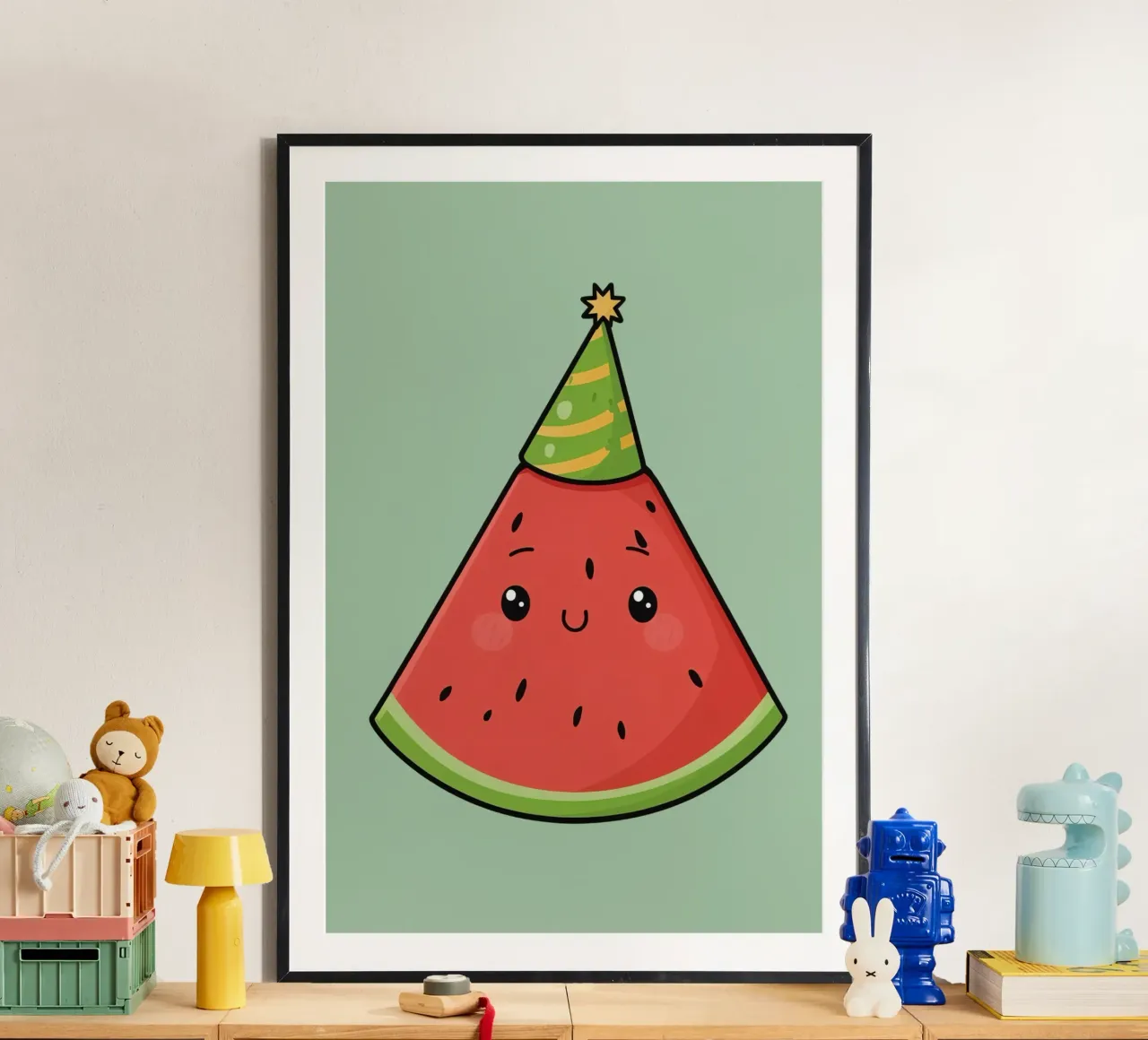 Fetta di cocomero felice con cappello da festa carta hahnemühle da DesignDoodle