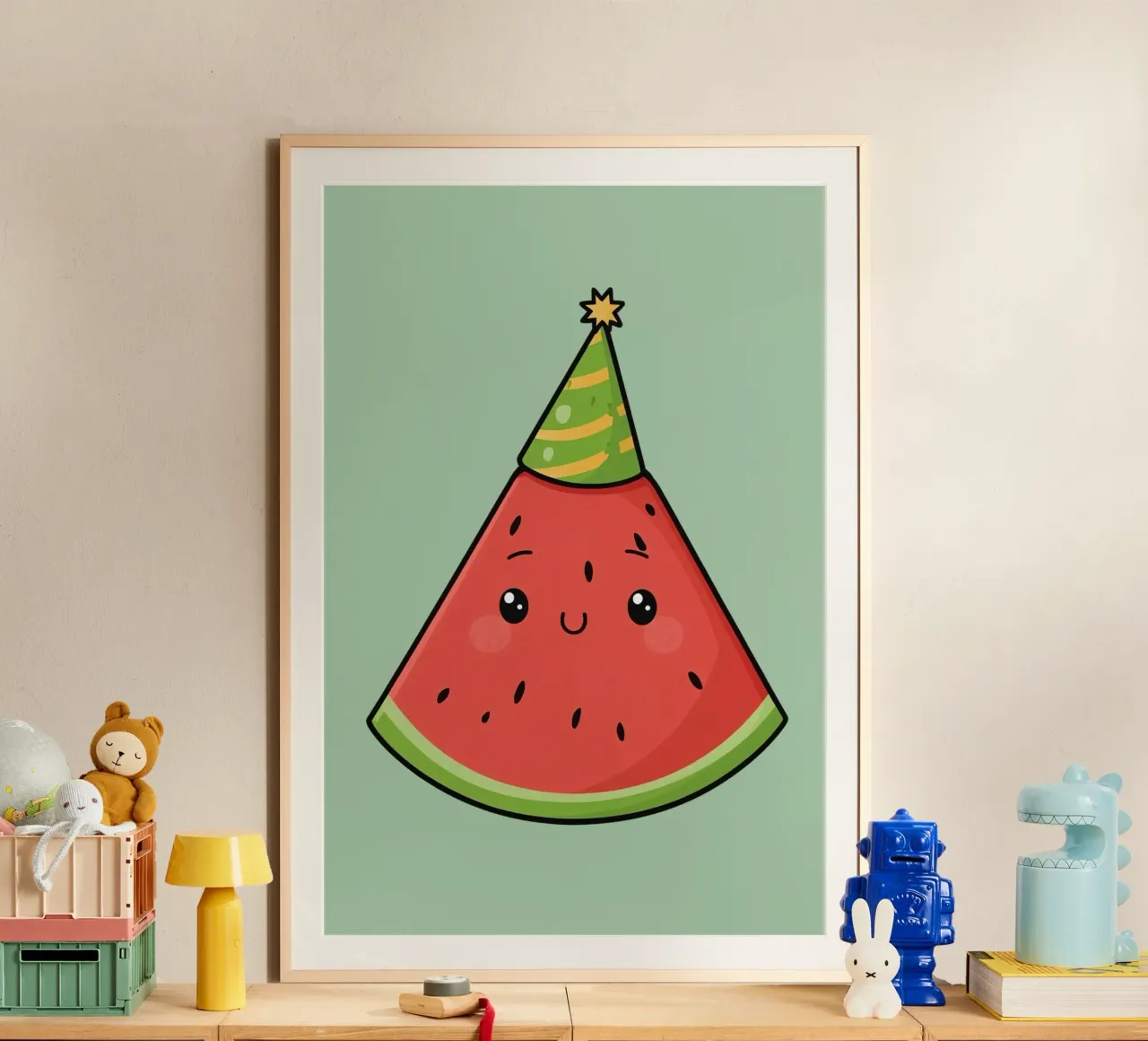 Fetta di cocomero felice con cappello da festa carta hahnemühle da DesignDoodle