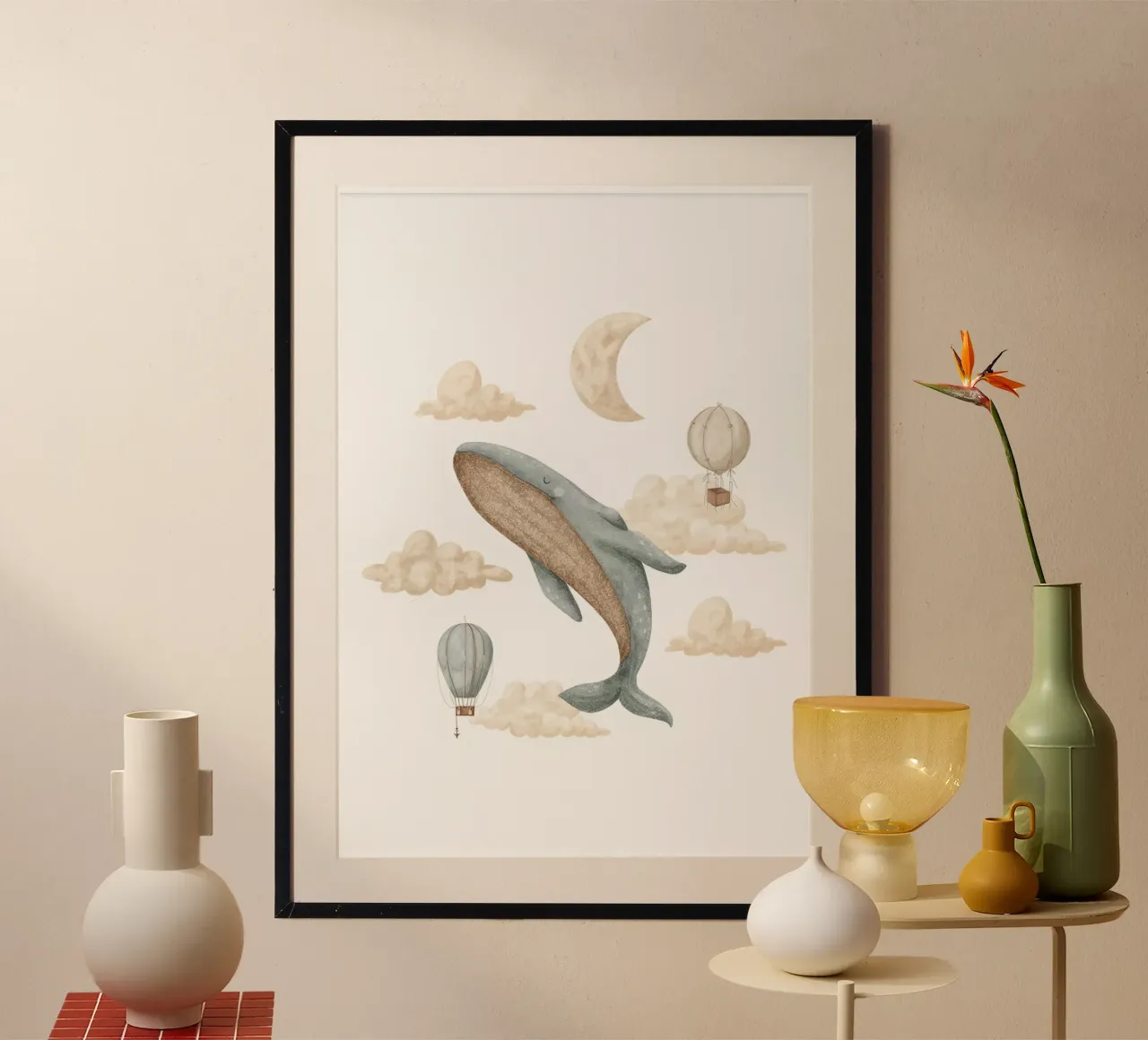 Balena Boho e mongolfiera carta hahnemühle da Panait Ivascu