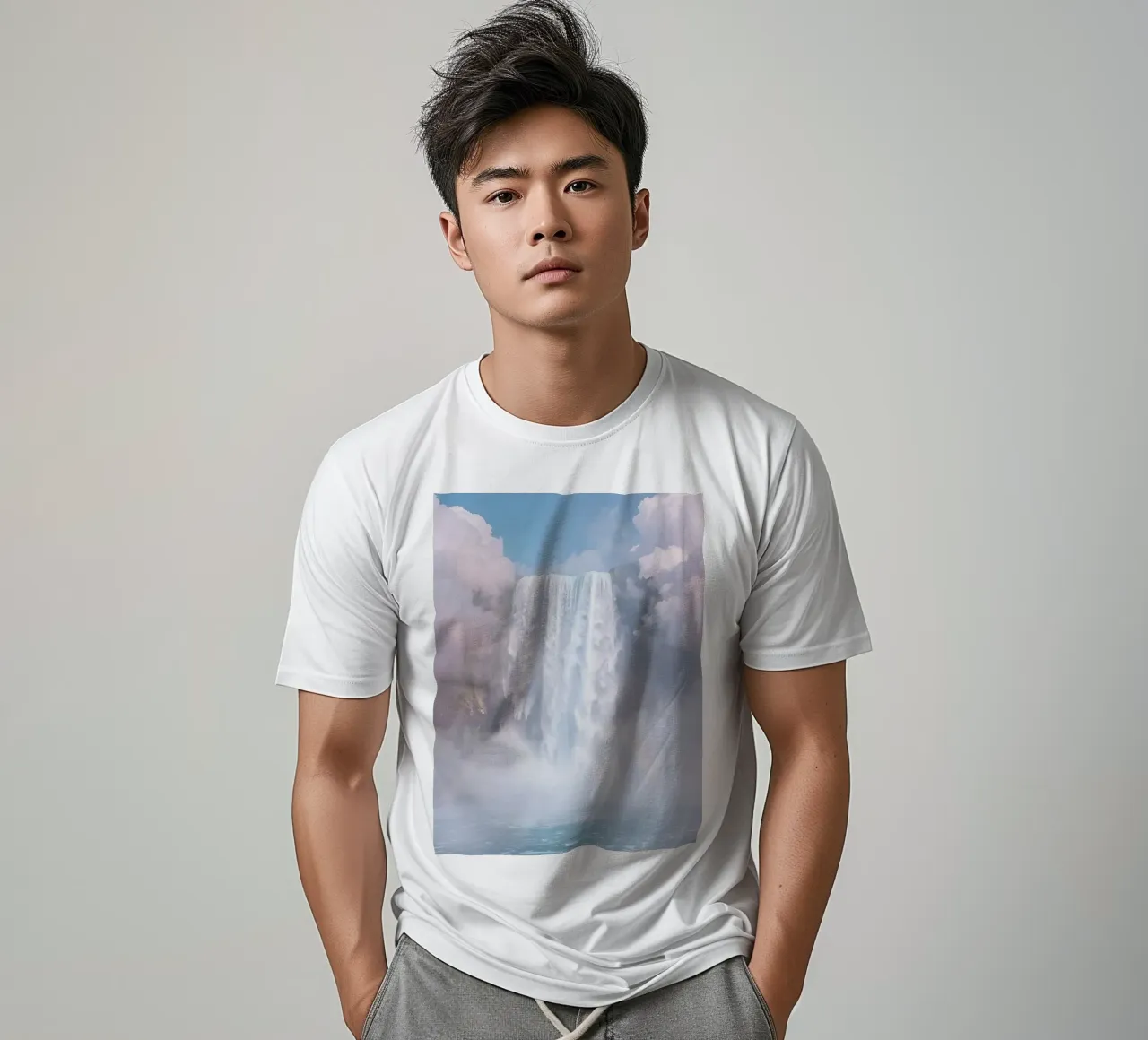 Ampia cascata con nebbia e arcobaleno t-shirt da DesignDoodle