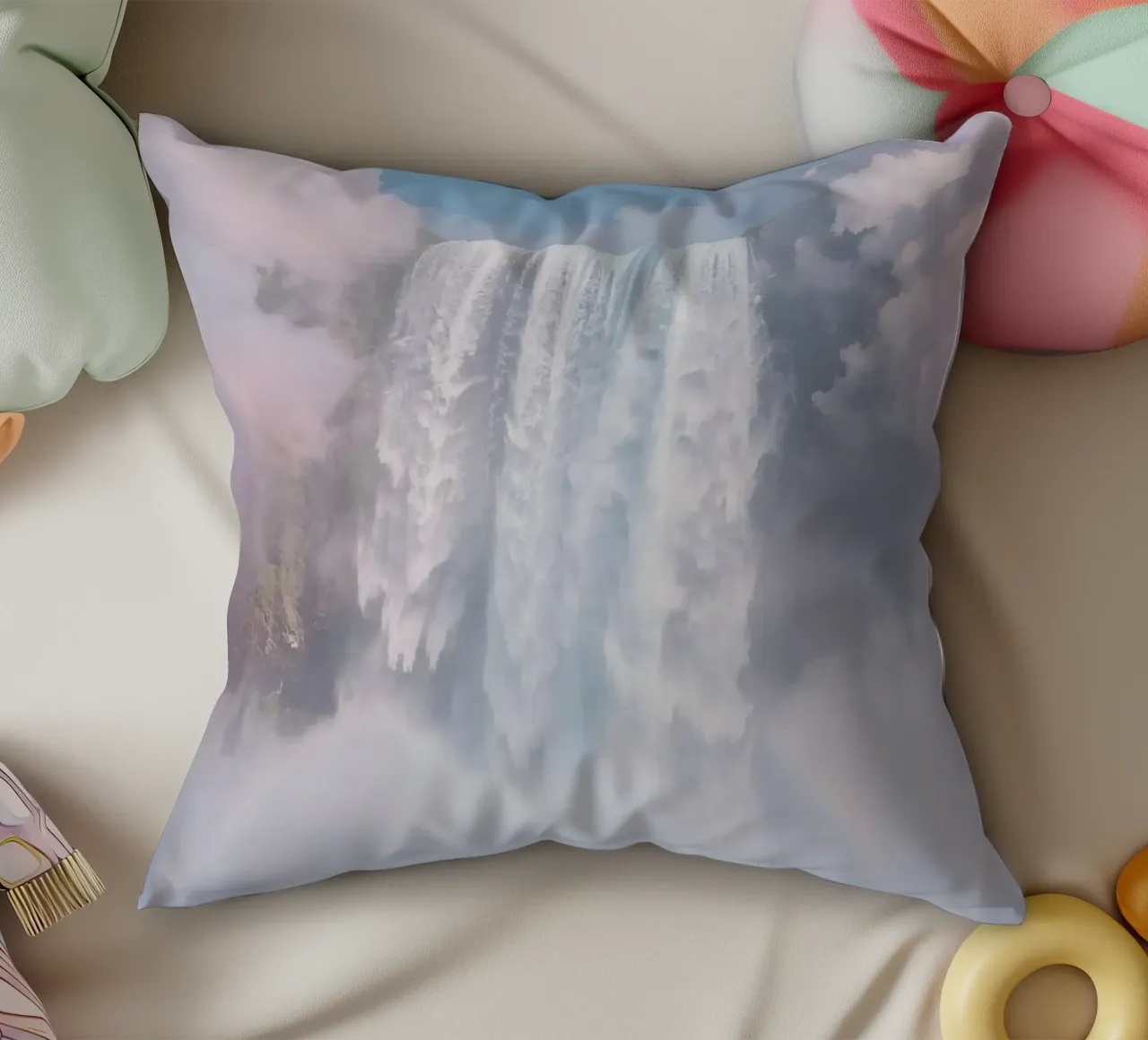 Ampia cascata con nebbia e arcobaleno cuscino da DesignDoodle