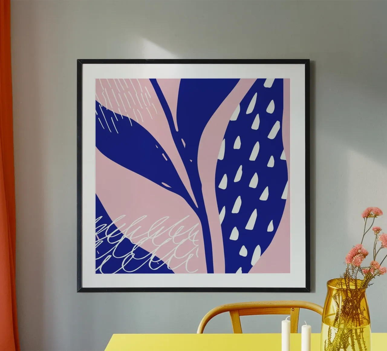 Foglie blu II poster con telaio in legno da Kim Hubball Studio