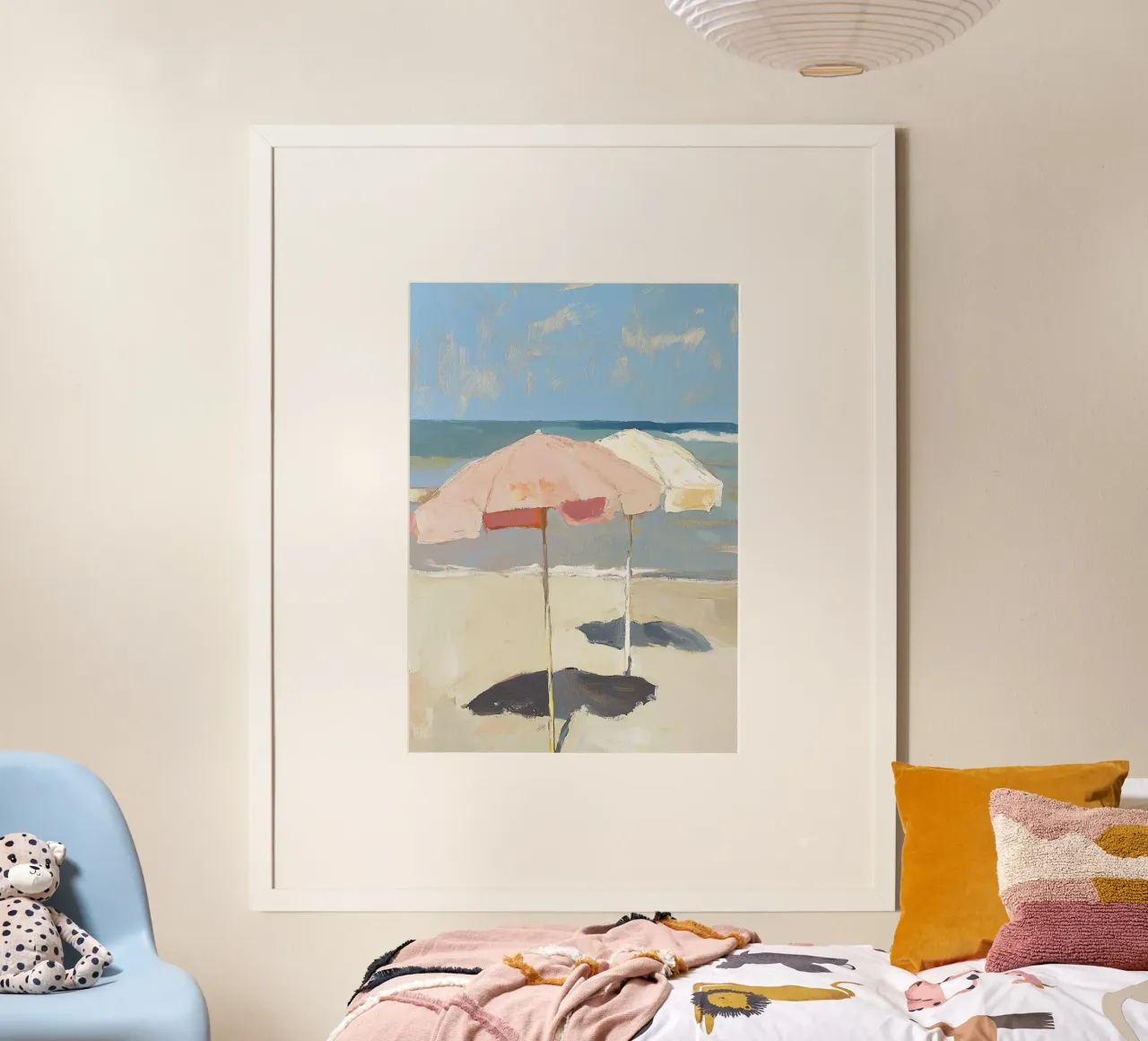 Strand Meer Impressionismus Sonnenschirm Sommer Poster mit Aluminium Rahmen von Euphoria Theresa