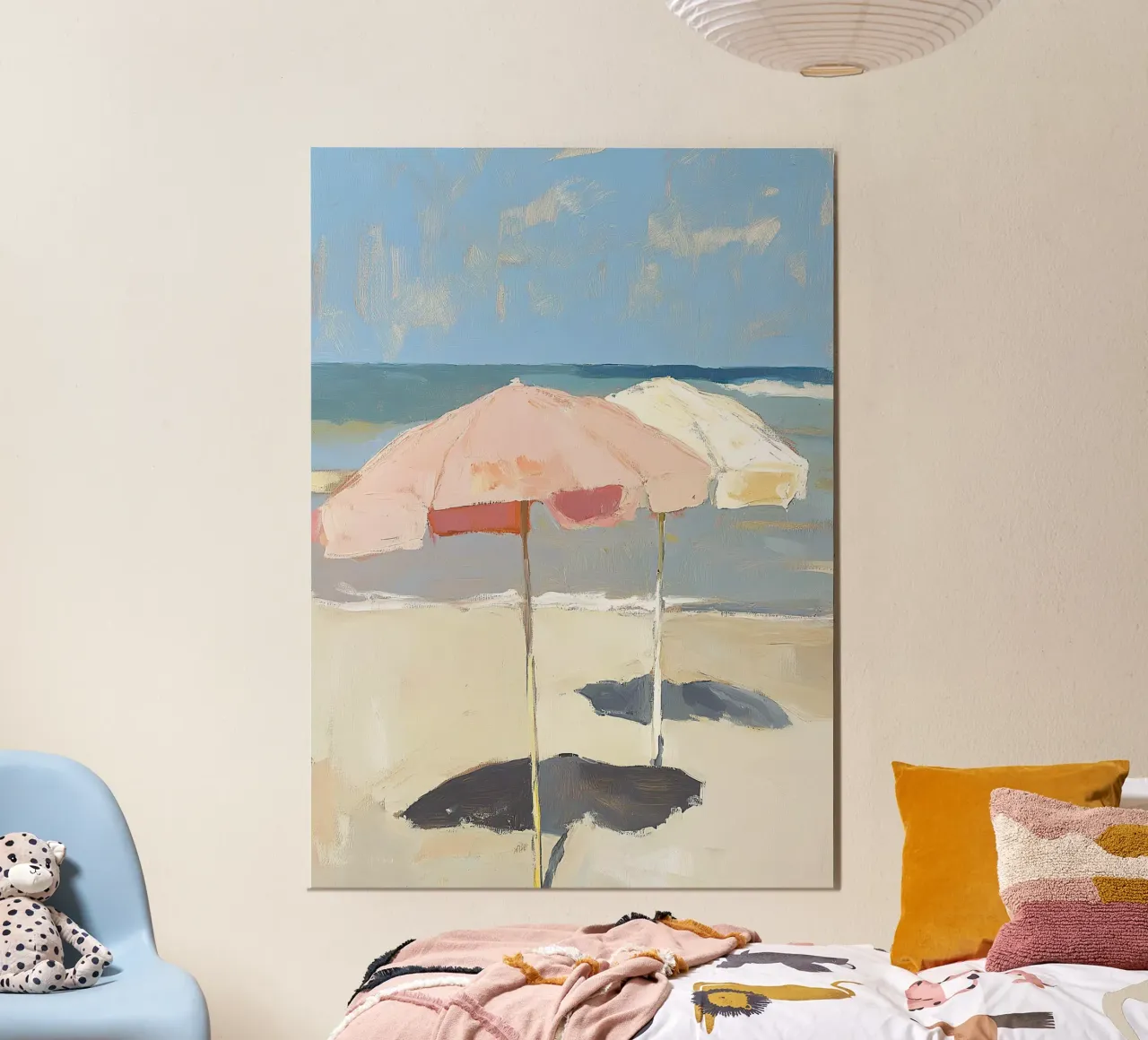 Strand Meer Impressionismus Sonnenschirm Sommer Poster mit Aluminium Rahmen von Euphoria Theresa