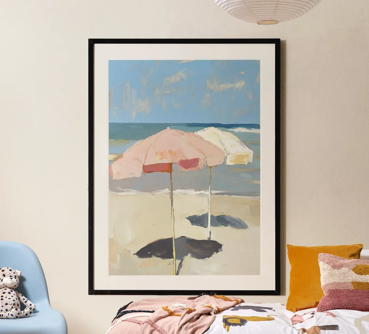 Strand Meer Impressionismus Sonnenschirm Sommer Poster mit Aluminium Rahmen von Euphoria Theresa