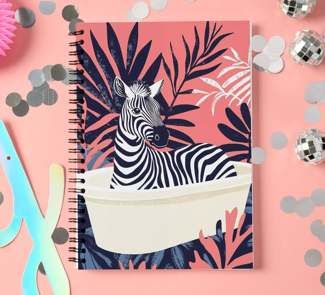 Pink boho zebra in the bathtub spiral notebook by Autofocus