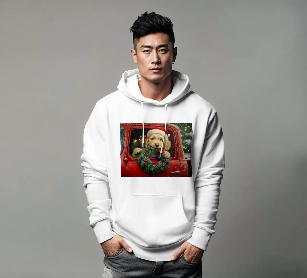 Stampa d'arte di un cucciolo di Natale in un camion felpa con cappuccio da Cozy Vibes