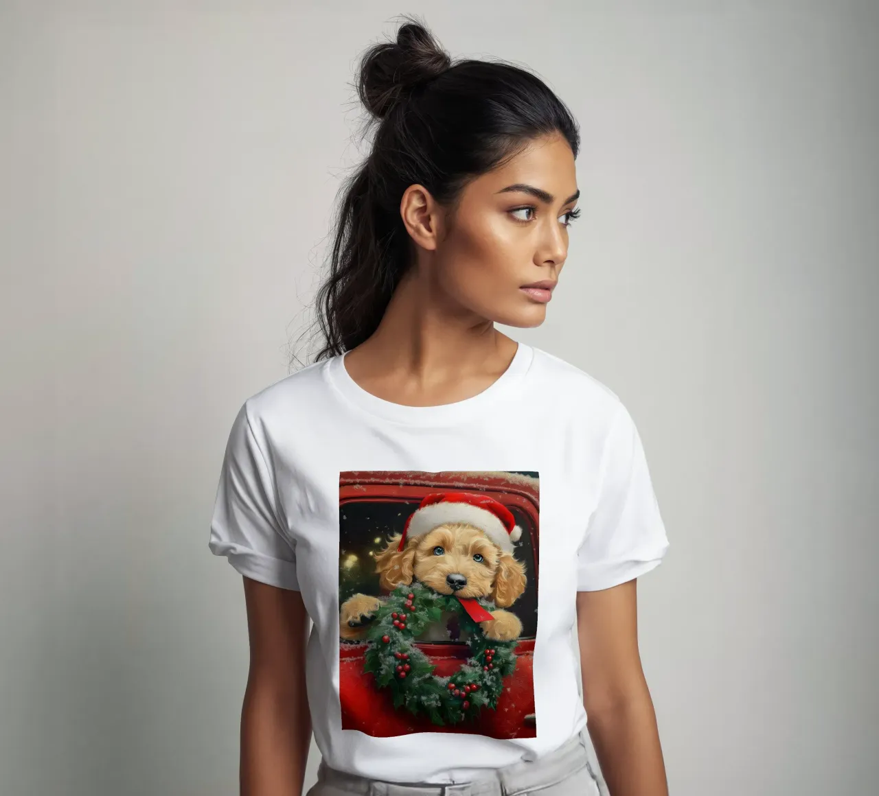 Stampa d'arte di un cucciolo di Natale in un camion t-shirt da Cozy Vibes