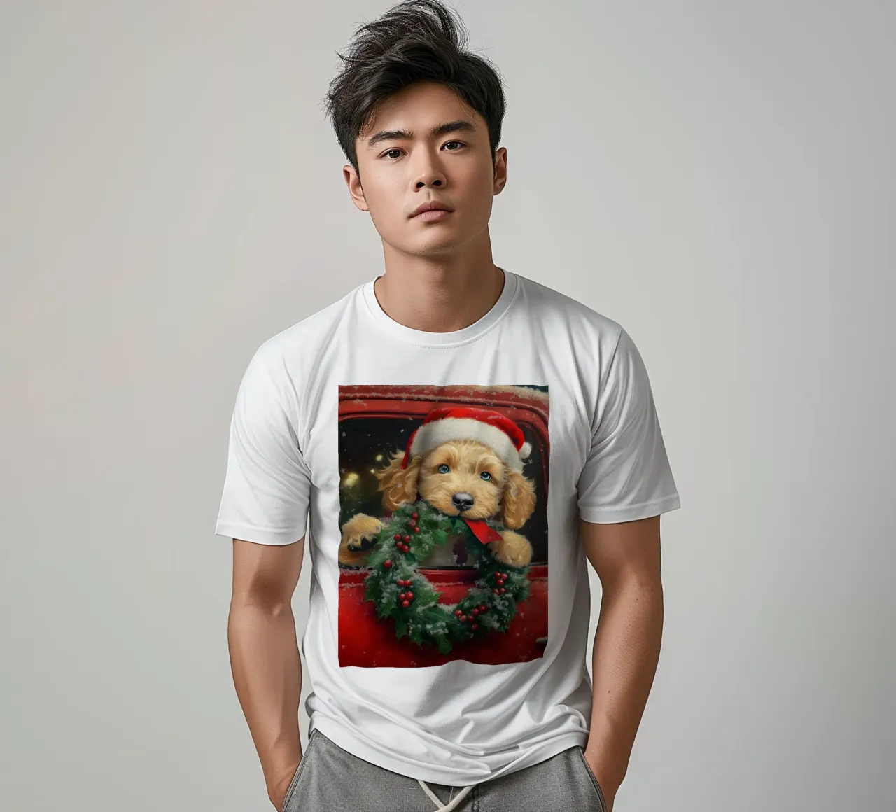 Stampa d'arte di un cucciolo di Natale in un camion t-shirt da Cozy Vibes