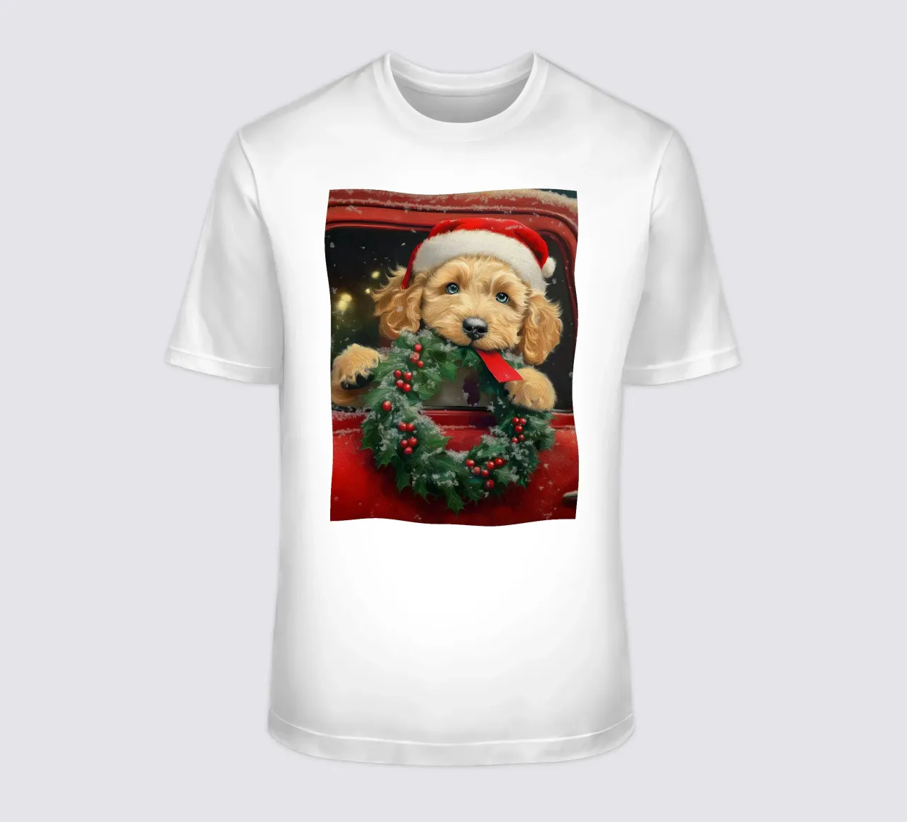 Stampa d'arte di un cucciolo di Natale in un camion t-shirt da Cozy Vibes