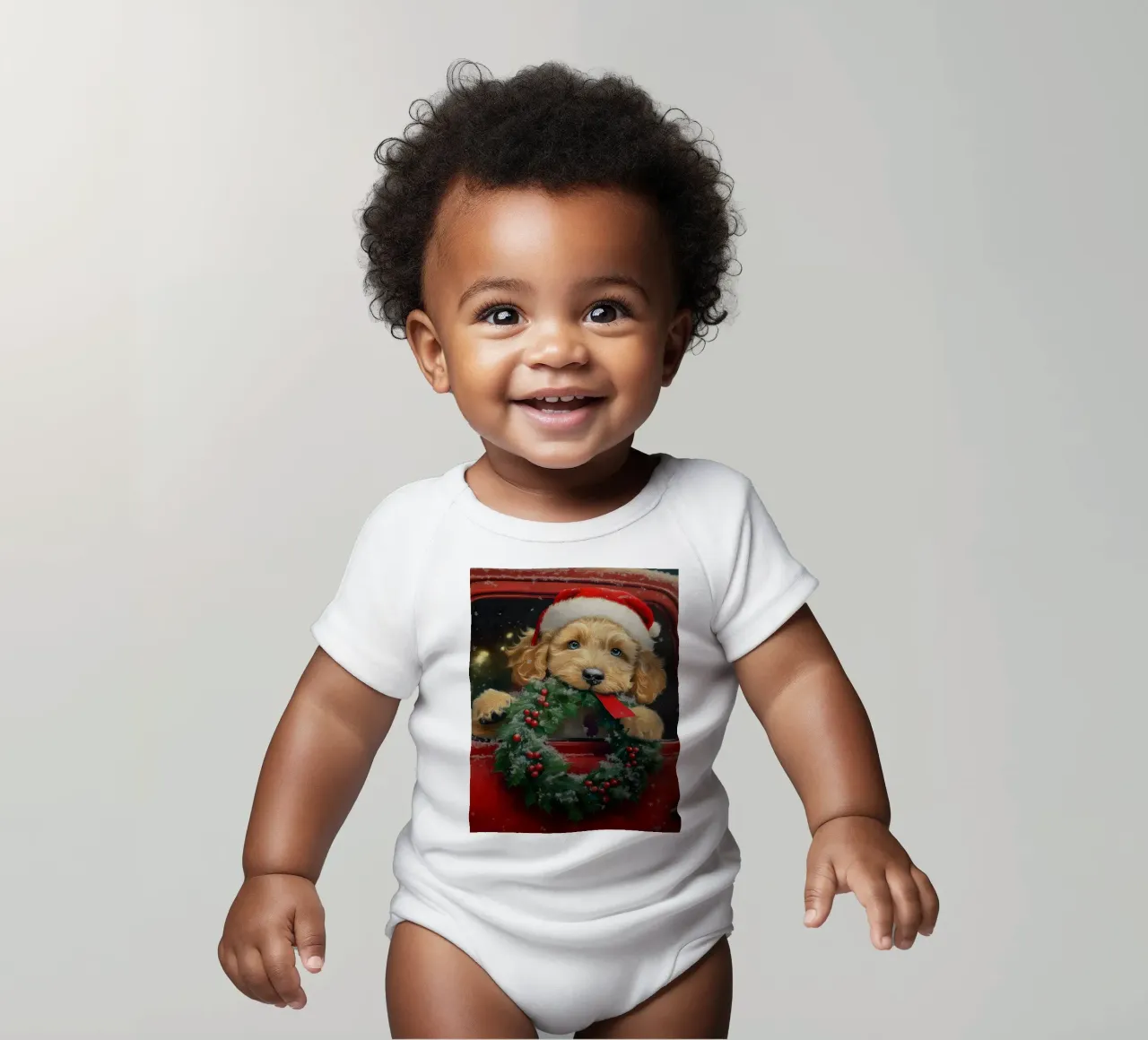 Stampa d'arte di un cucciolo di Natale in un camion body neonato maniche corte da Cozy Vibes