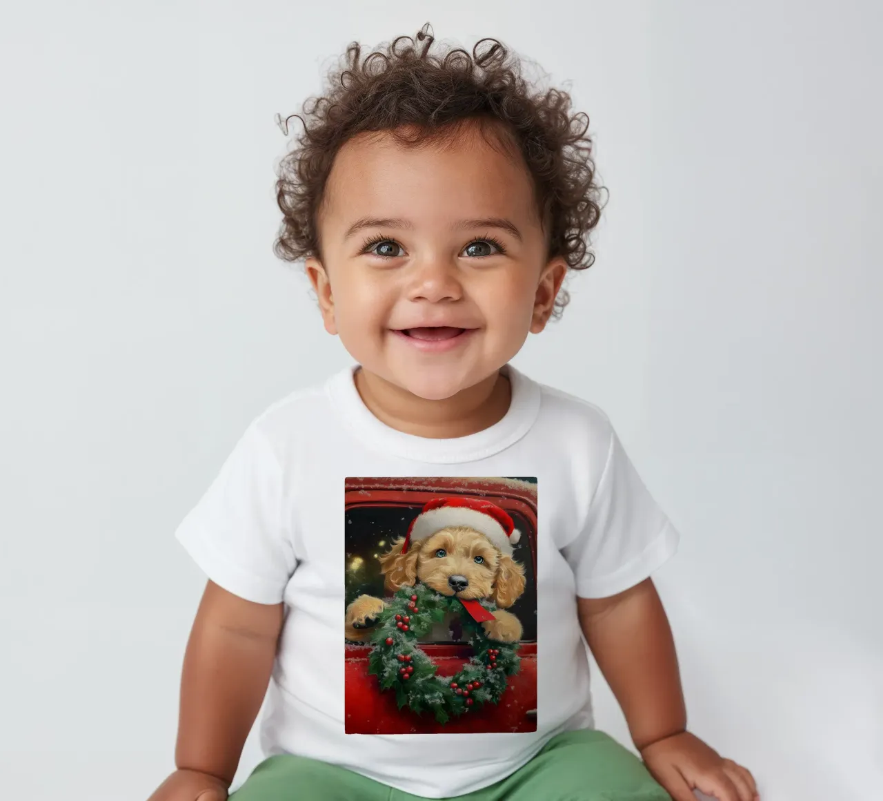 Stampa d'arte di un cucciolo di Natale in un camion maglietta neonato da Cozy Vibes