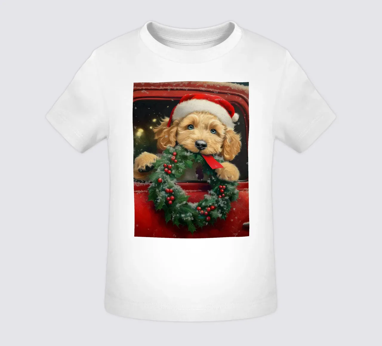 Stampa d'arte di un cucciolo di Natale in un camion maglietta neonato da Cozy Vibes