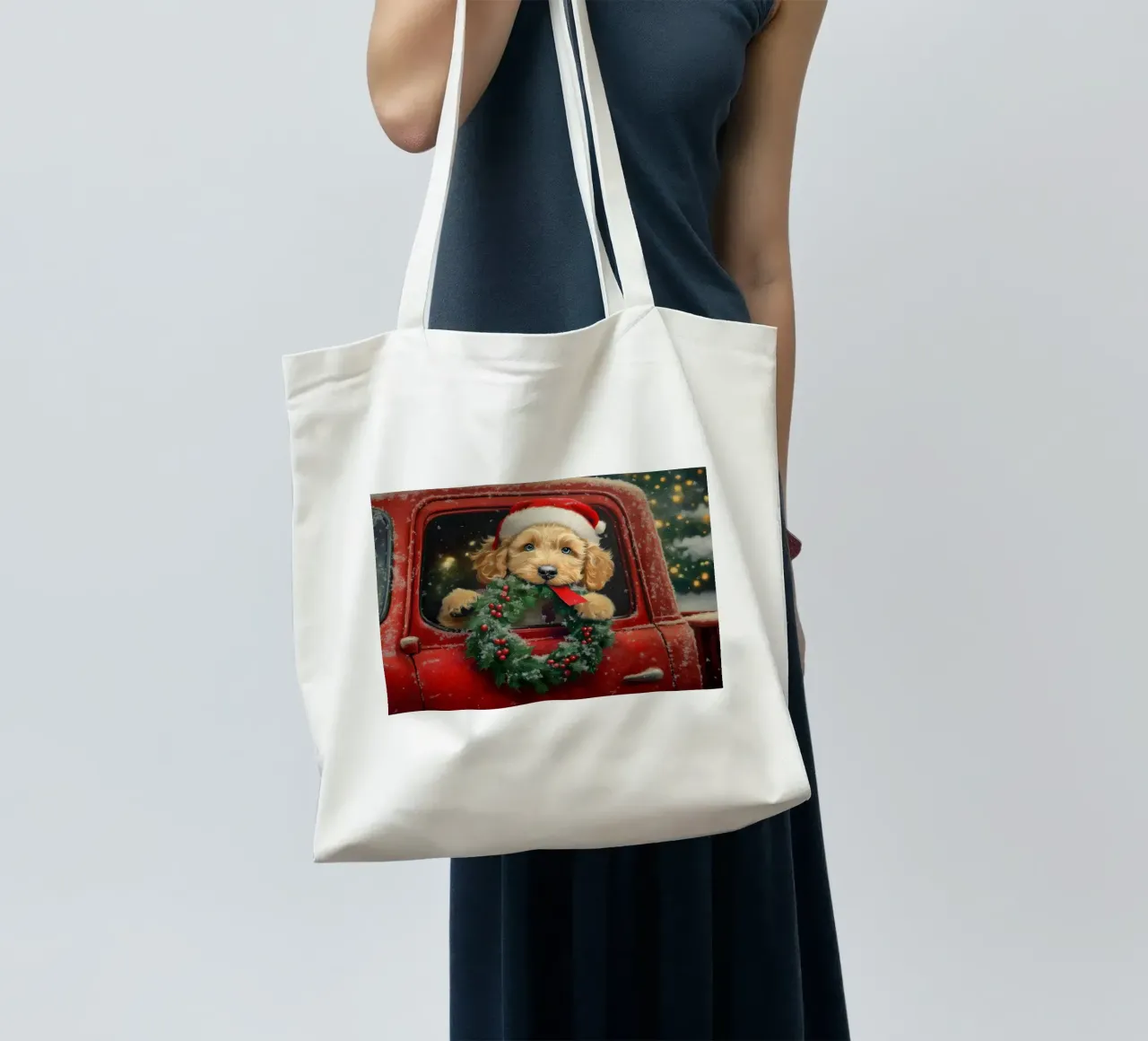 Stampa d'arte di un cucciolo di Natale in un camion borsa in juta da Cozy Vibes