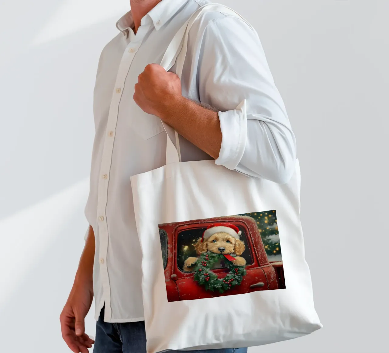 Stampa d'arte di un cucciolo di Natale in un camion borsa in juta da Cozy Vibes