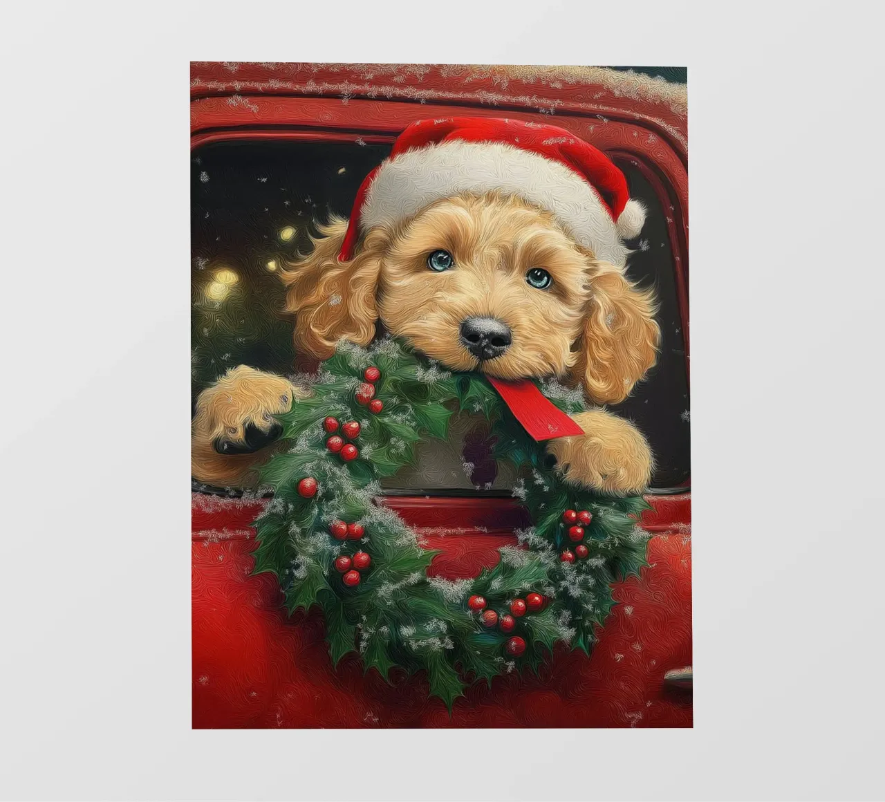 Stampa d'arte di un cucciolo di Natale in un camion telo in pvc da Cozy Vibes