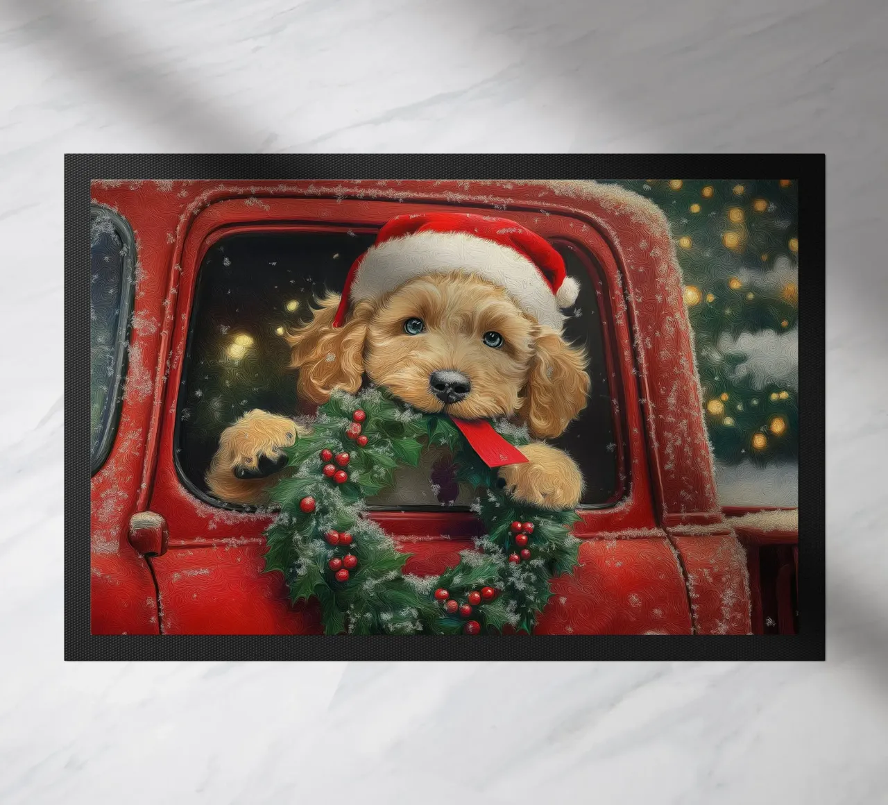 Stampa d'arte di un cucciolo di Natale in un camion zerbino da Cozy Vibes