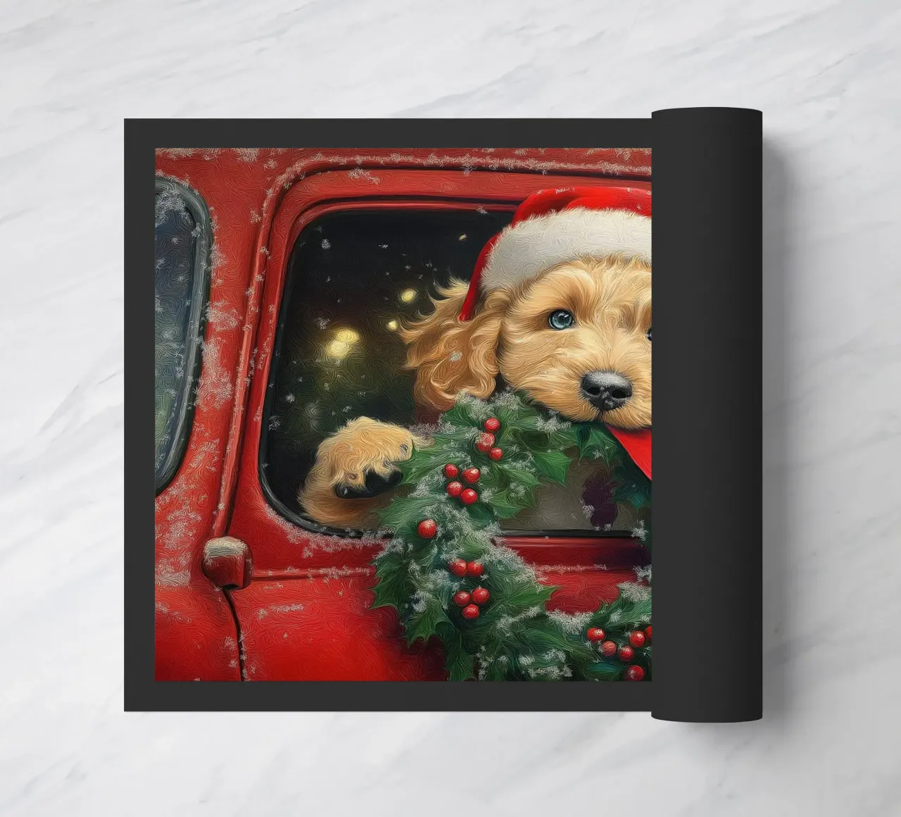 Stampa d'arte di un cucciolo di Natale in un camion zerbino da Cozy Vibes