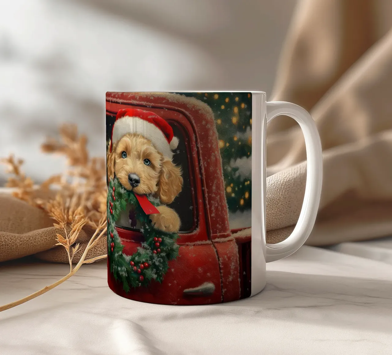 Stampa d'arte di un cucciolo di Natale in un camion tazza in ceramica da Cozy Vibes