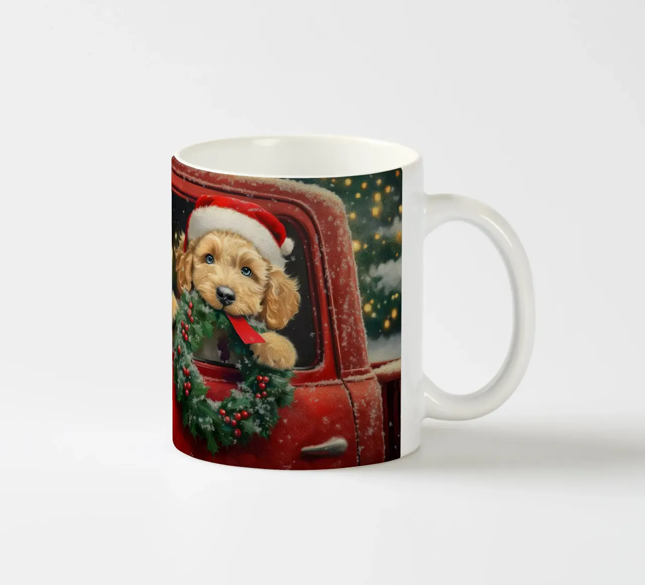 Stampa d'arte di un cucciolo di Natale in un camion tazza in ceramica da Cozy Vibes