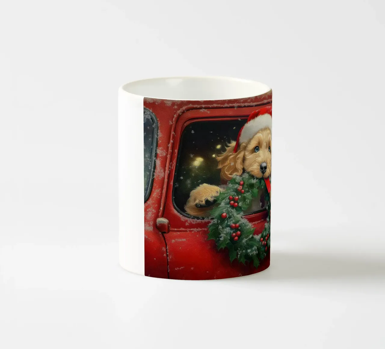 Stampa d'arte di un cucciolo di Natale in un camion tazza in ceramica da Cozy Vibes