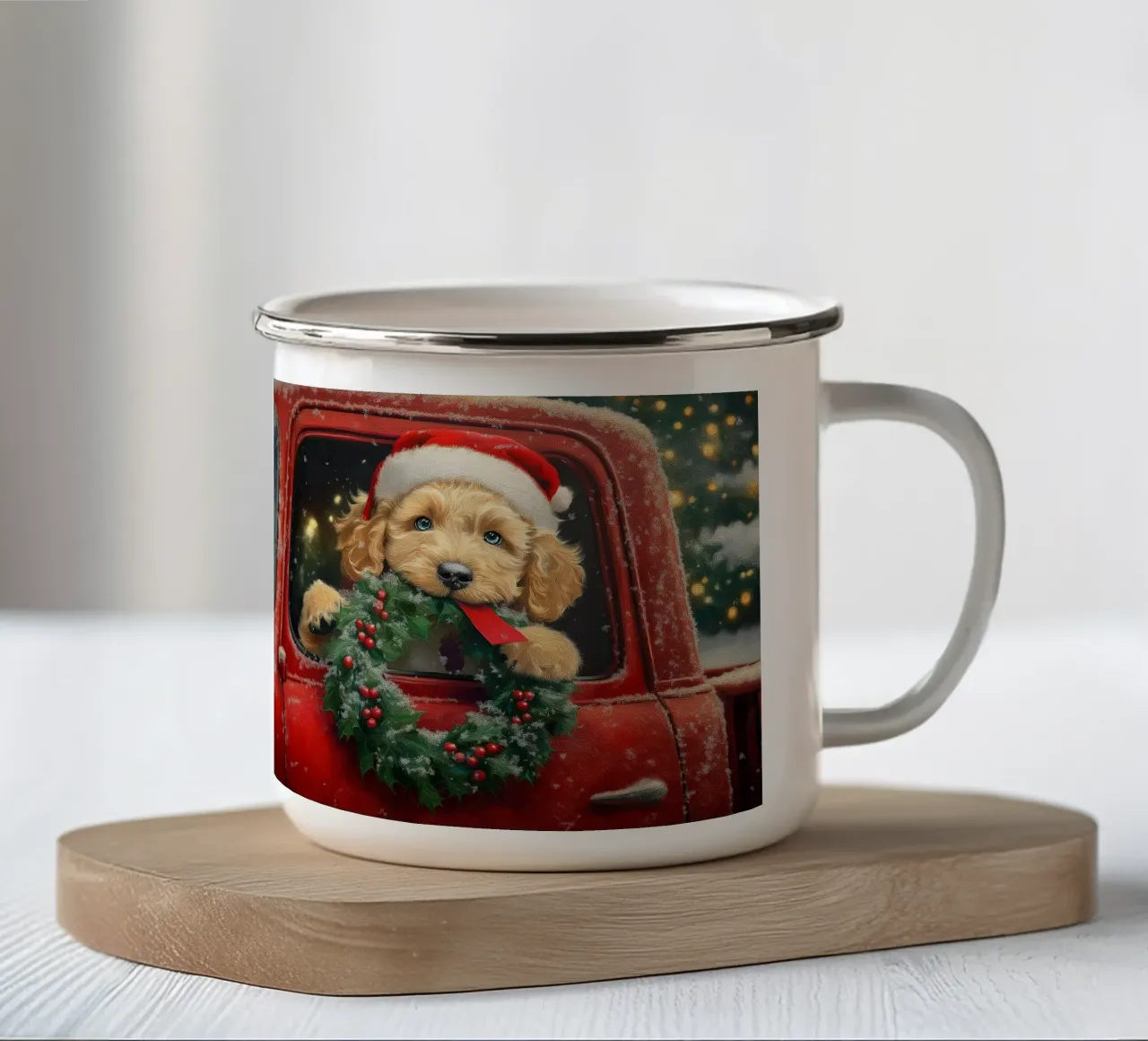 Stampa d'arte di un cucciolo di Natale in un camion tazza in smalto da Cozy Vibes