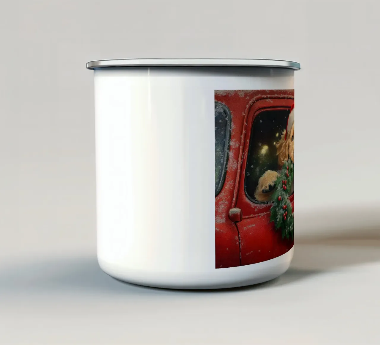 Stampa d'arte di un cucciolo di Natale in un camion tazza in smalto da Cozy Vibes